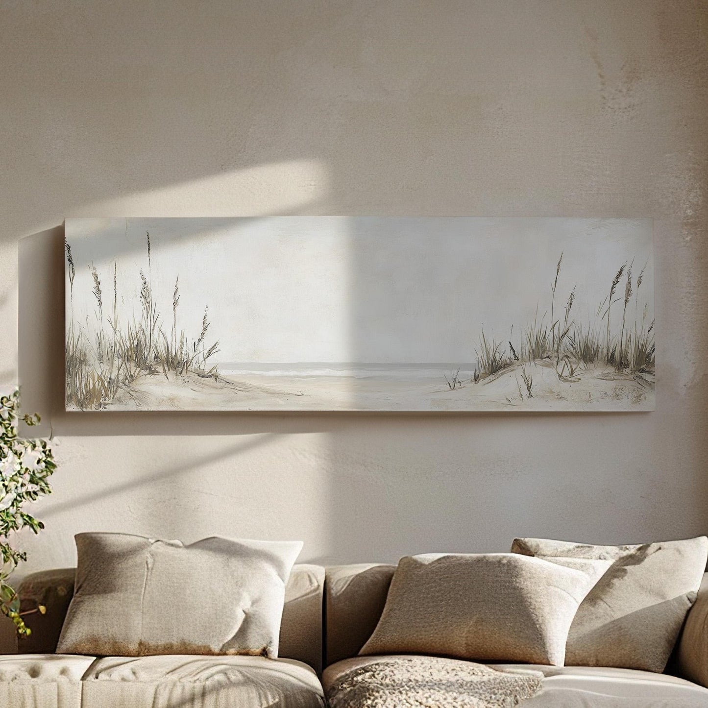 Sea Grass at the Beach Panoramic Muted Beach, Minimal Nautical Art Canvas Print, Sandy Coast Printed Canvas Art
