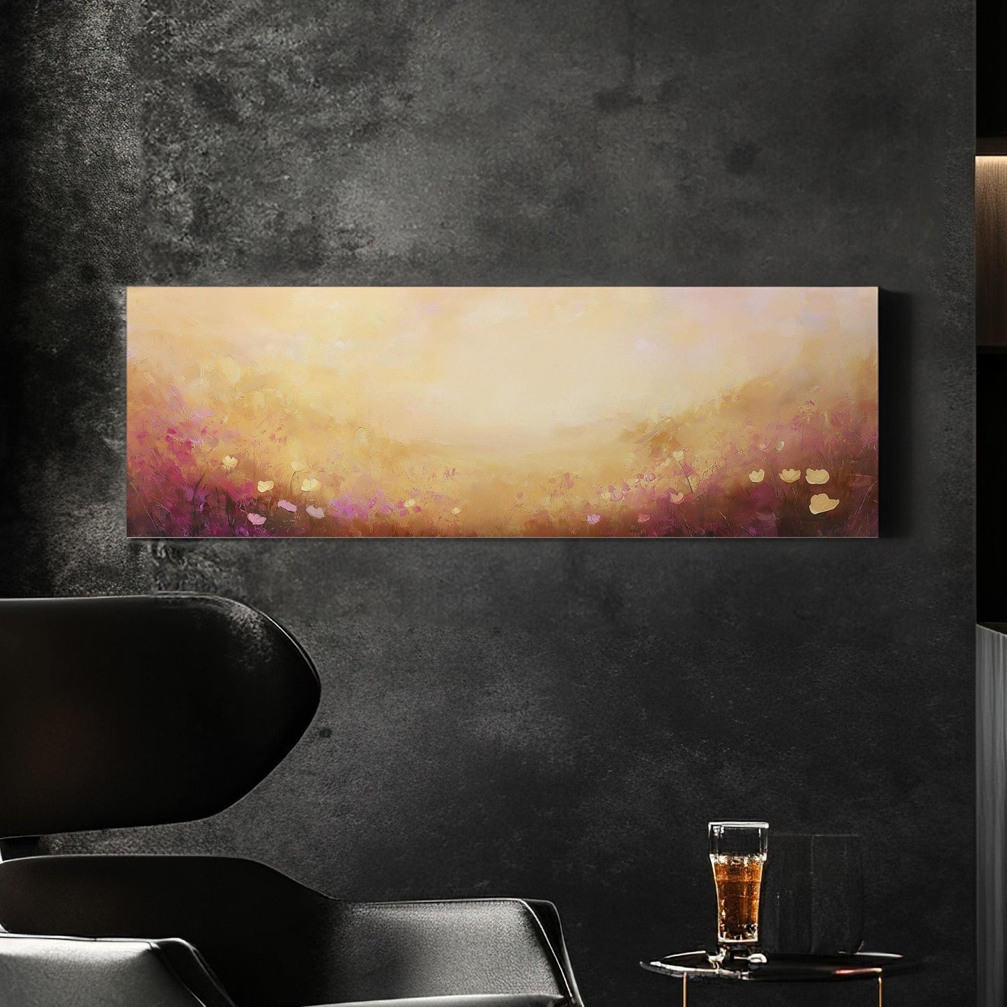 Sunrise Spring Meadow Panoramic Wildflower Field, Minimal Muted Landscape Canvas Print, English Countryside Printed Canvas Art