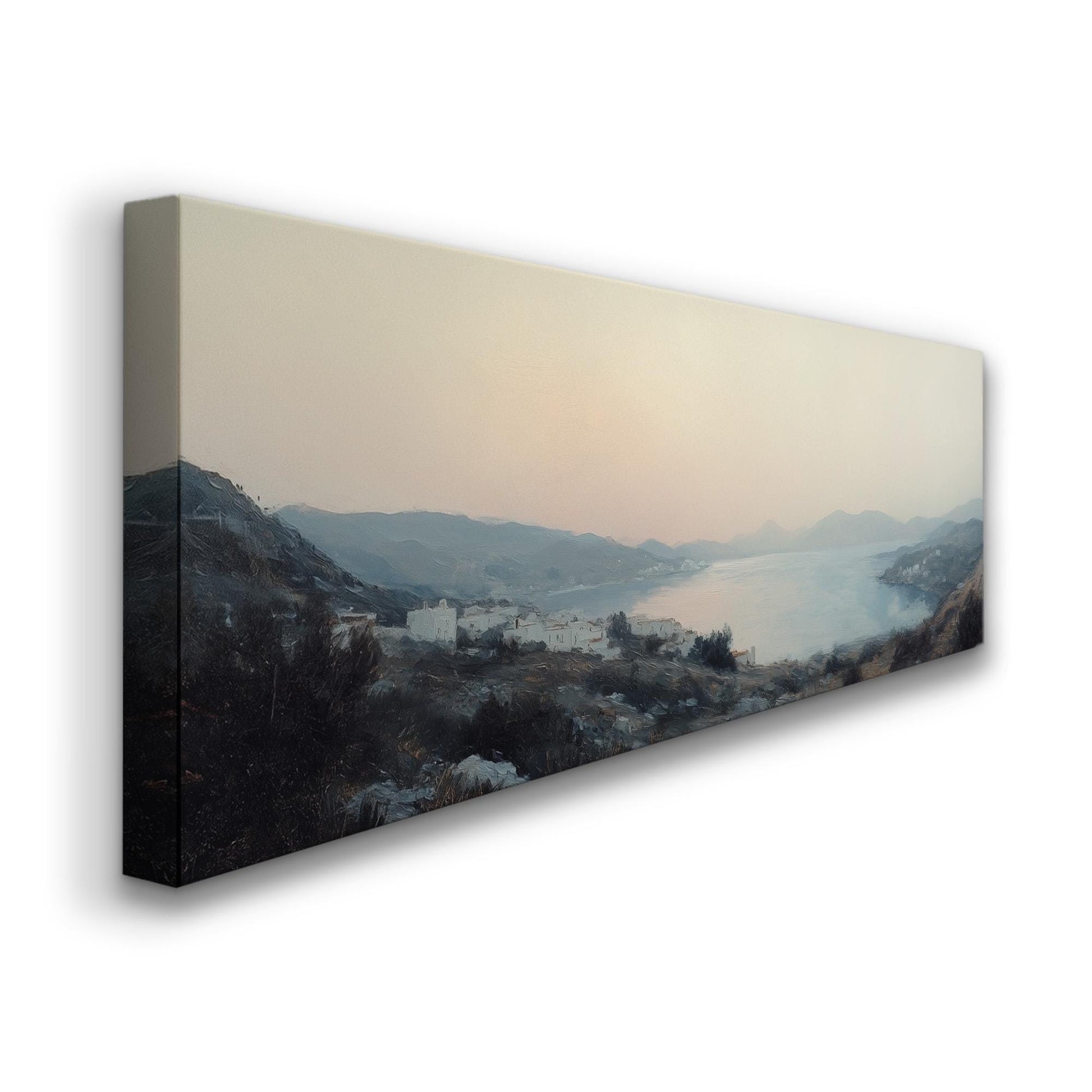 Vintage Mediterranean Panoramic Muted Seascape, Minimal Nautical Art Canvas Print, Coastal Sunset Printed Canvas Art