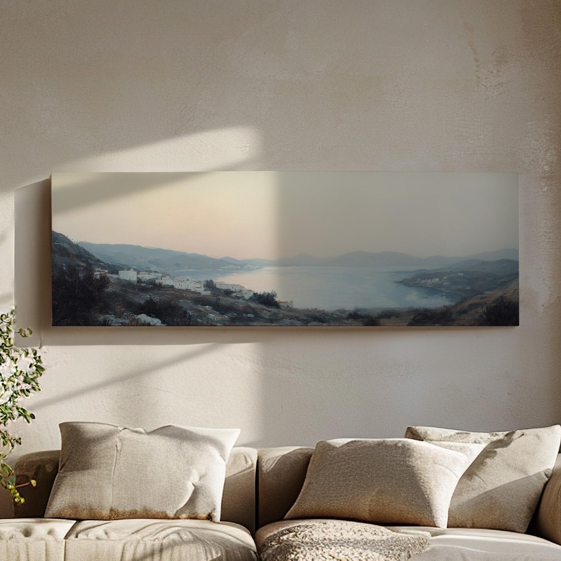 Vintage Mediterranean Panoramic Muted Seascape, Minimal Nautical Art Canvas Print, Coastal Sunset Printed Canvas Art