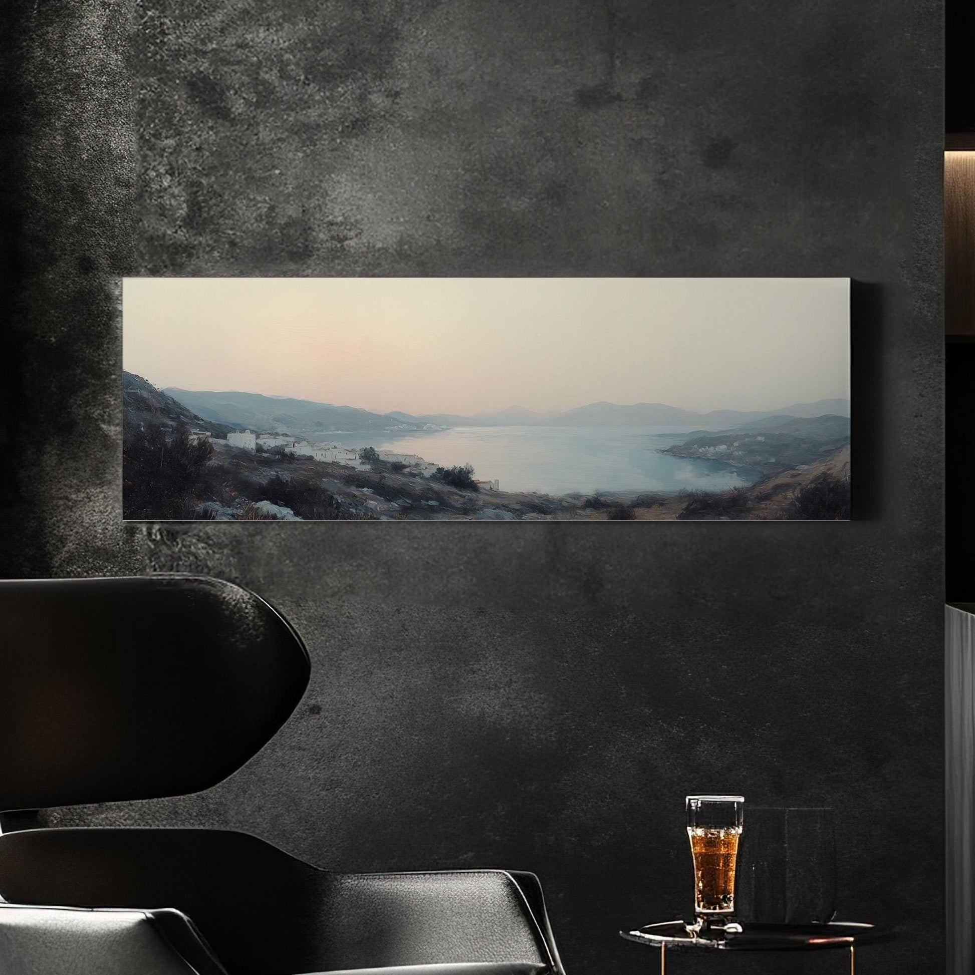 Vintage Mediterranean Panoramic Muted Seascape, Minimal Nautical Art Canvas Print, Coastal Sunset Printed Canvas Art