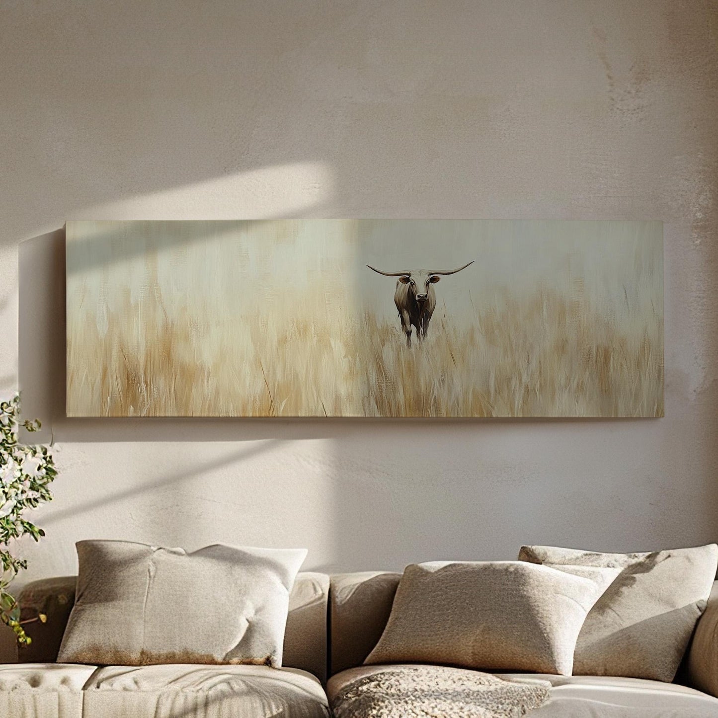 Vintage Texas Longhorn Panoramic Minimal Landscape, Minimal Farmhouse Style Canvas Print, Yellow Grass Field Printed Canvas Art