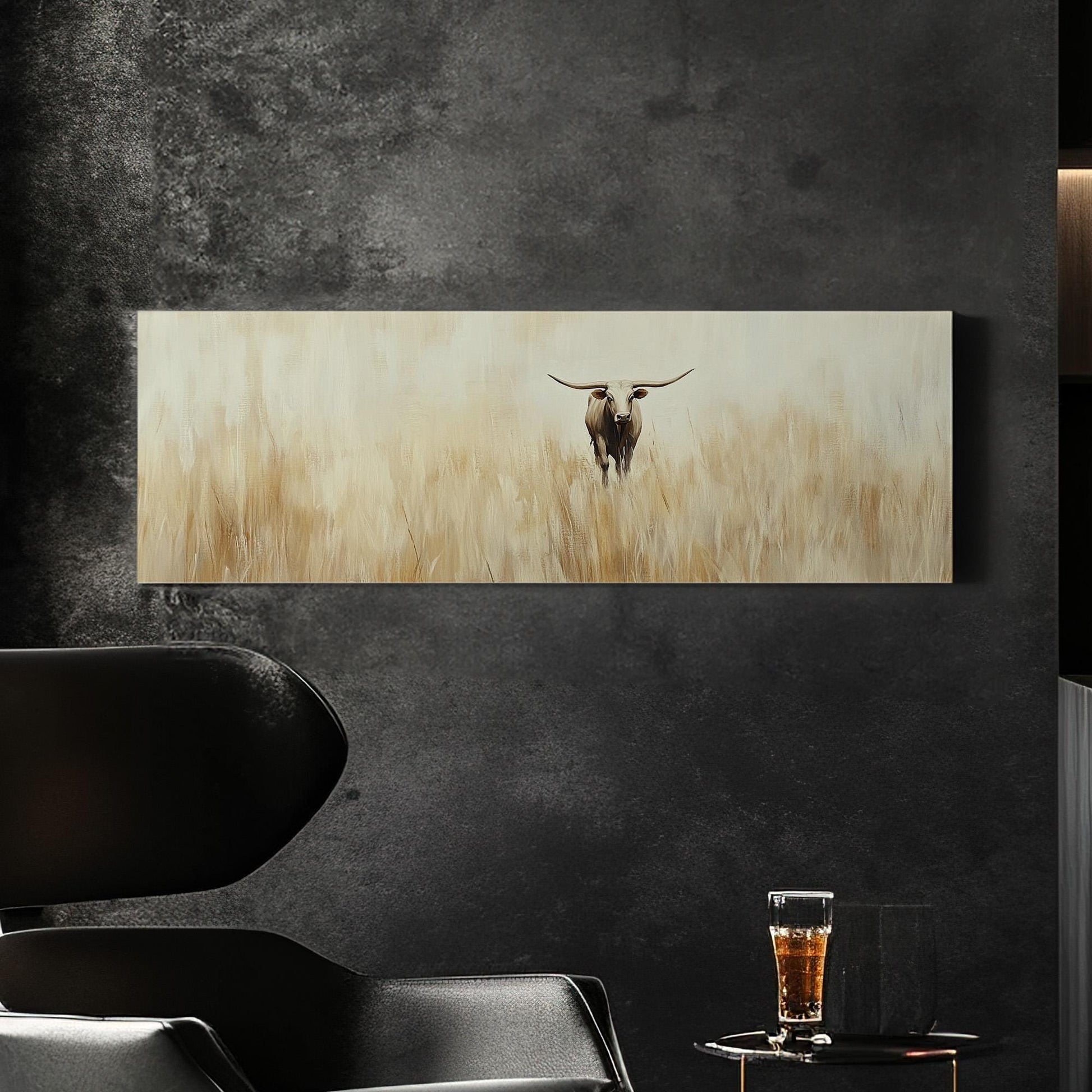 Vintage Texas Longhorn Panoramic Minimal Landscape, Minimal Farmhouse Style Canvas Print, Yellow Grass Field Printed Canvas Art