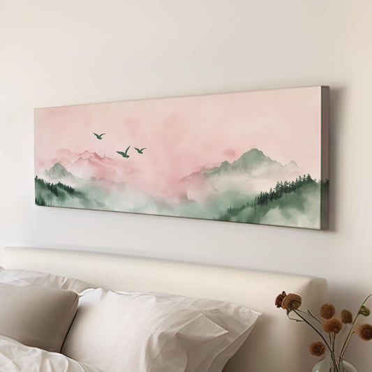 Watercolor Birds Above Mountains Panoramic Moody Vibes, Minimal Nature Calm Canvas Print, Bird Flock Printed Canvas Art