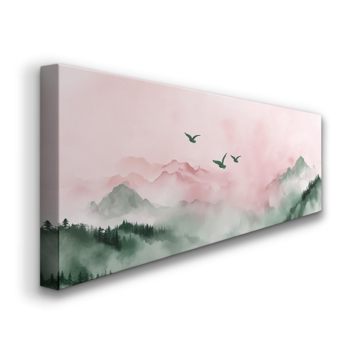 Watercolor Birds Above Mountains Panoramic Moody Vibes, Minimal Nature Calm Canvas Print, Bird Flock Printed Canvas Art