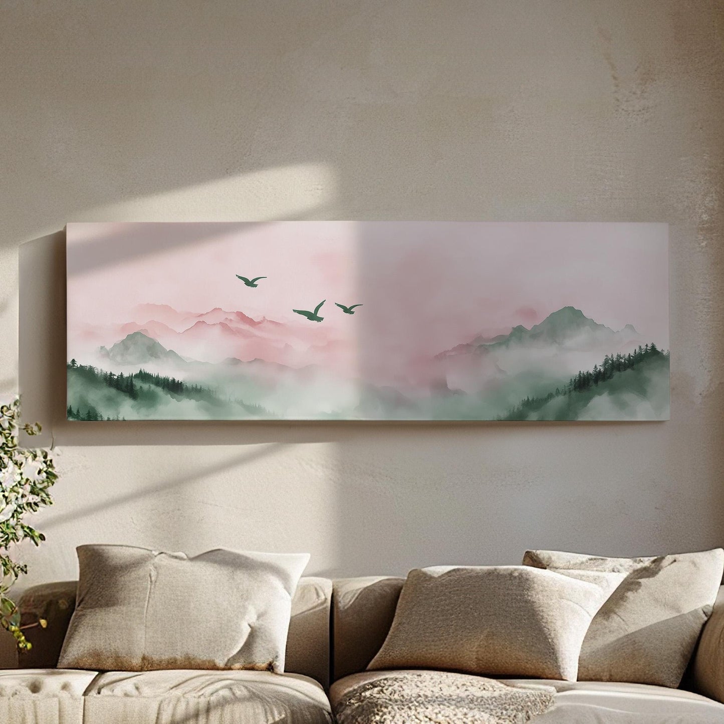 Watercolor Birds Above Mountains Panoramic Moody Vibes, Minimal Nature Calm Canvas Print, Bird Flock Printed Canvas Art