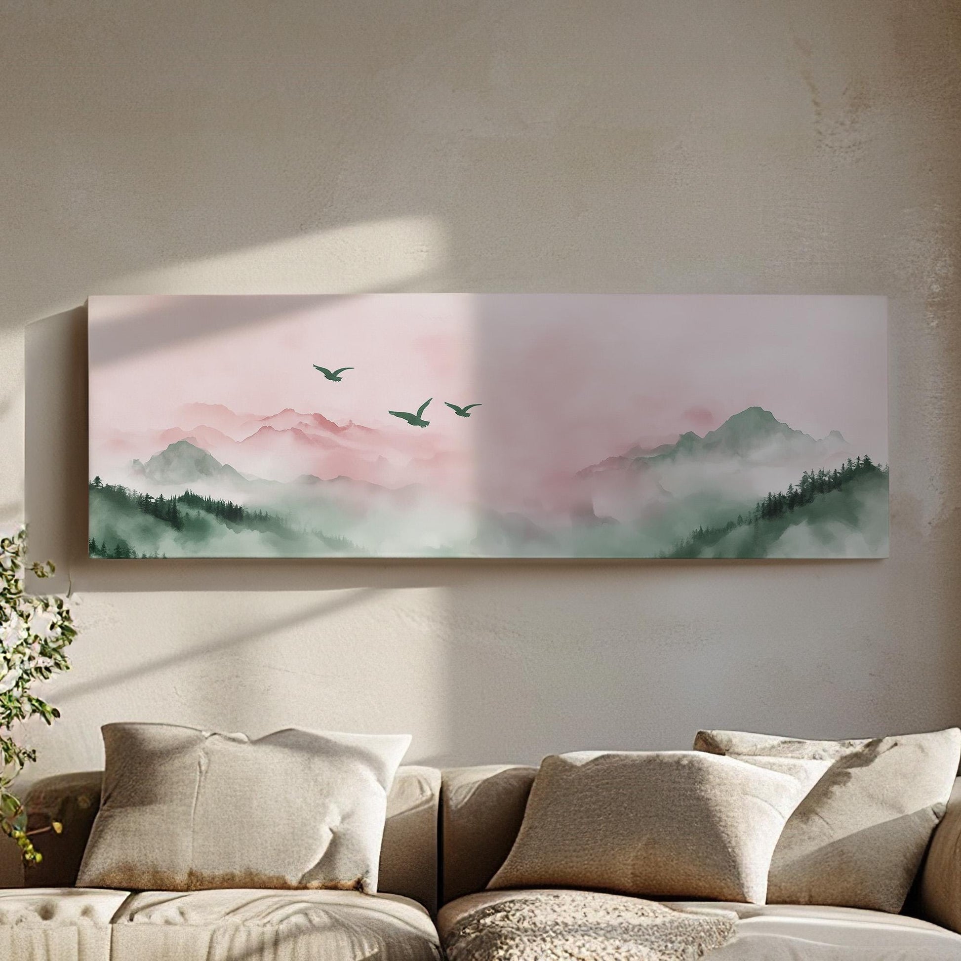 Watercolor Birds Above Mountains Panoramic Moody Vibes, Minimal Nature Calm Canvas Print, Bird Flock Printed Canvas Art