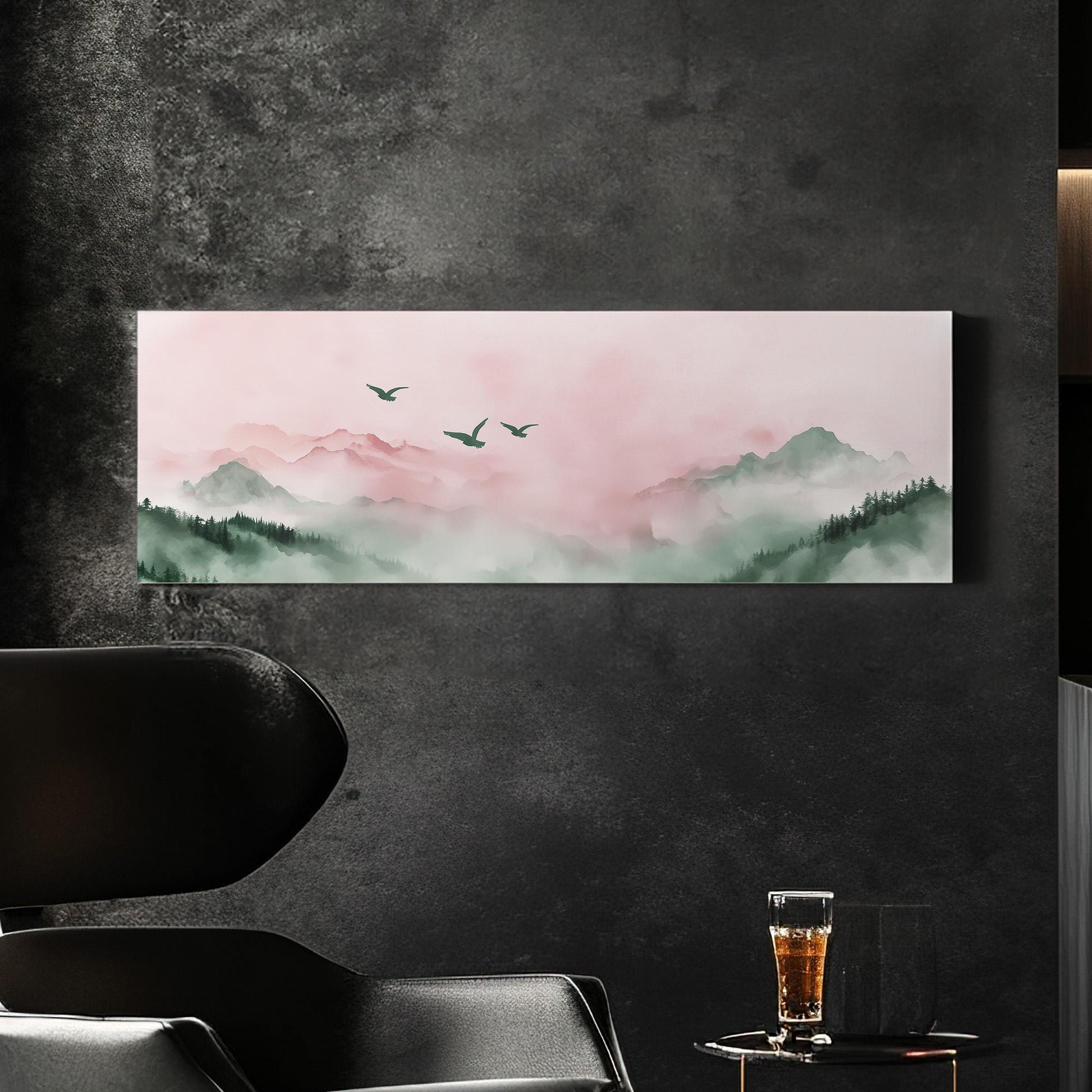 Watercolor Birds Above Mountains Panoramic Moody Vibes, Minimal Nature Calm Canvas Print, Bird Flock Printed Canvas Art