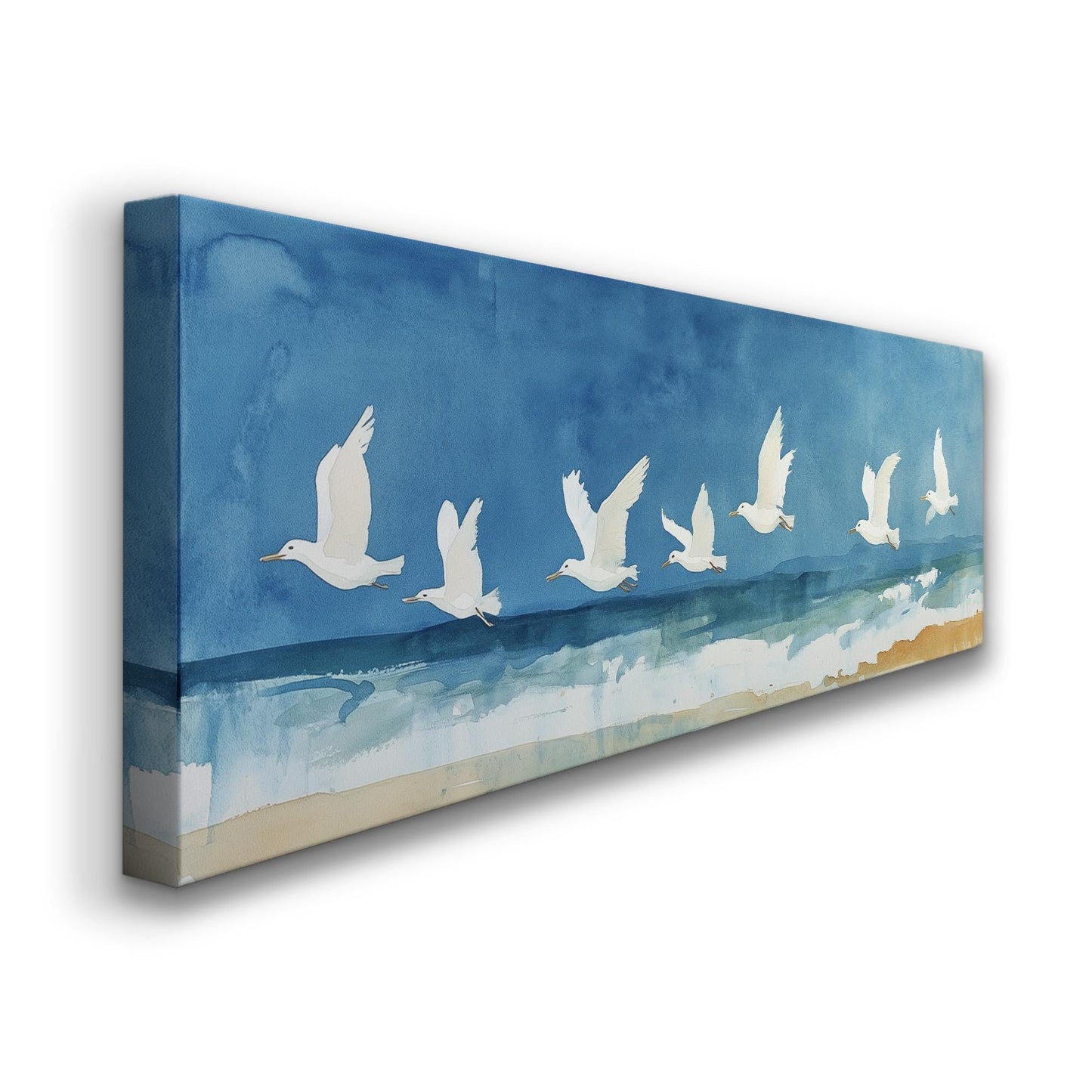 Watercolor White Birds Panoramic Beach Vibes, Minimal Nature Calm Canvas Print, Bird Flock Printed Canvas Art