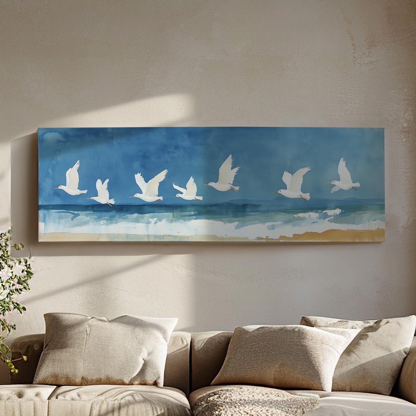 Watercolor White Birds Panoramic Beach Vibes, Minimal Nature Calm Canvas Print, Bird Flock Printed Canvas Art