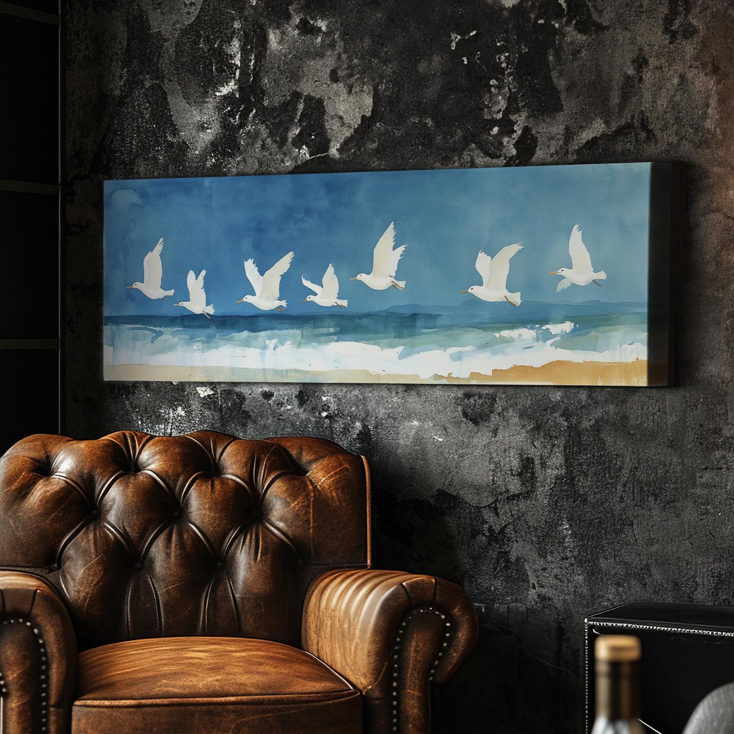 Watercolor White Birds Panoramic Beach Vibes, Minimal Nature Calm Canvas Print, Bird Flock Printed Canvas Art