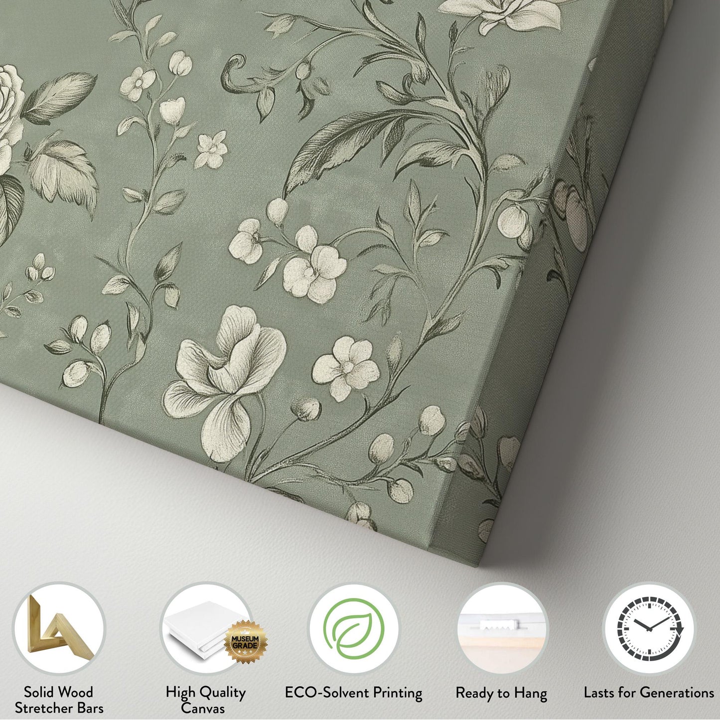 Antique European Green Grey Flowers Lanscape Vintage Textile, 2x1 Neutral Taperstry Canvas Print, Chrysanthemum 20x60 Canvas Art