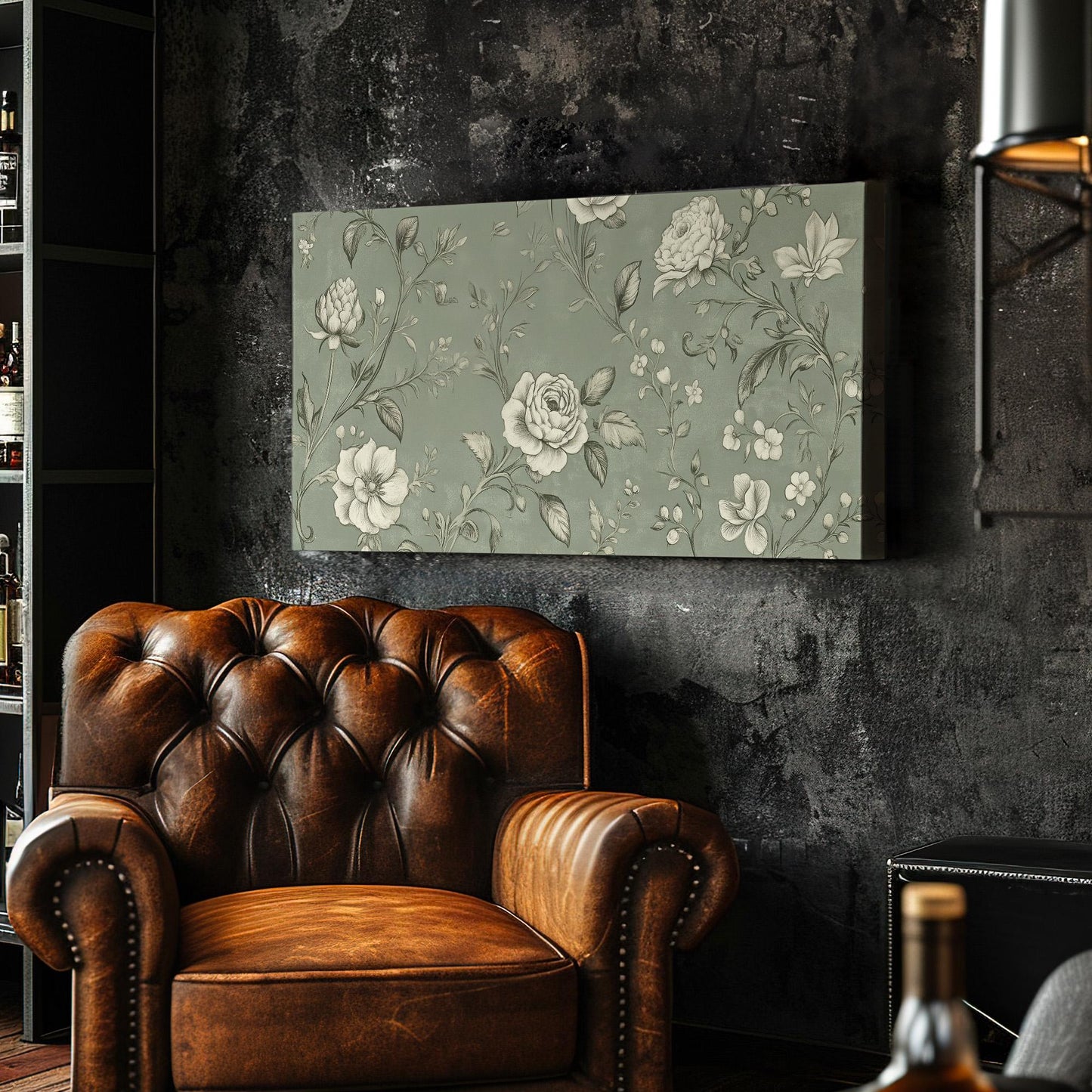 Antique European Green Grey Flowers Lanscape Vintage Textile, 2x1 Neutral Taperstry Canvas Print, Chrysanthemum 20x60 Canvas Art