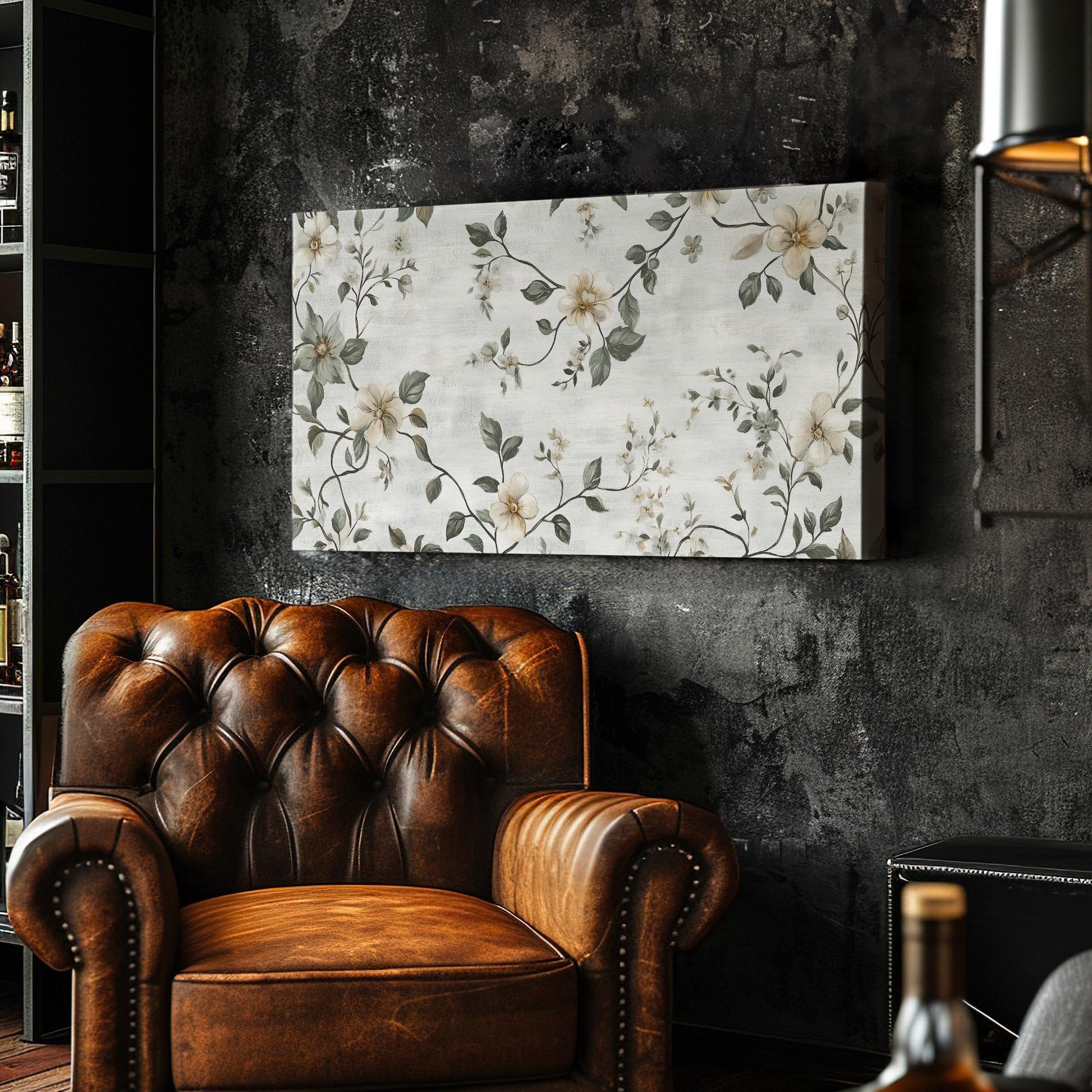 Floral Landscape Canvas Print: Antique White Flowers, Monochrome Textile