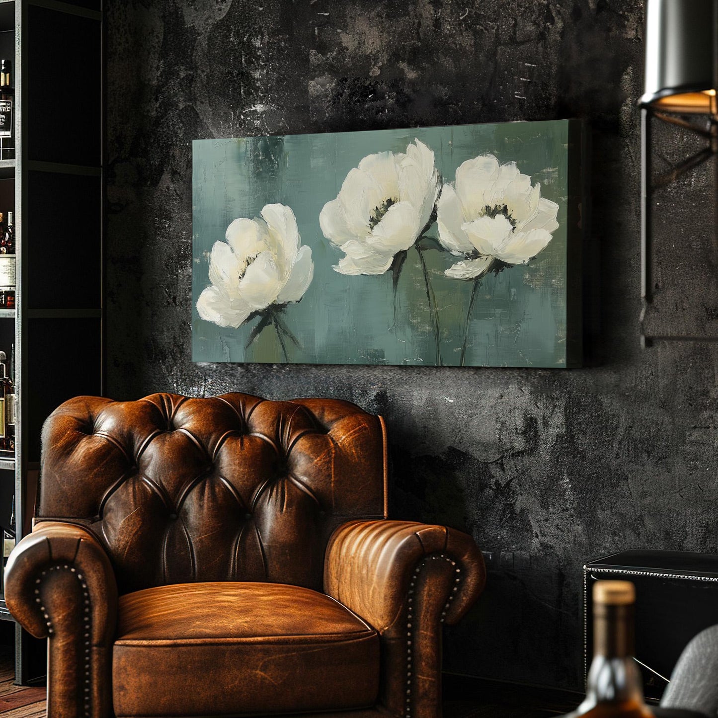 Minimal White Peonies Lanscape Abstract Peonies, 2x1 Floral Charm Canvas Print, Green Farmhouse 20x60 Canvas Art