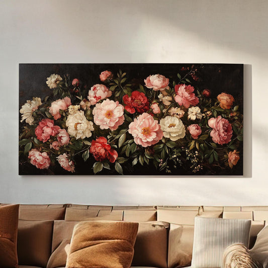 Vintage Peony Bouquet Lanscape Rustic Peonies, 2x1 Floral Charm Canvas Print, Spring Farmhouse 20x60 Canvas Art