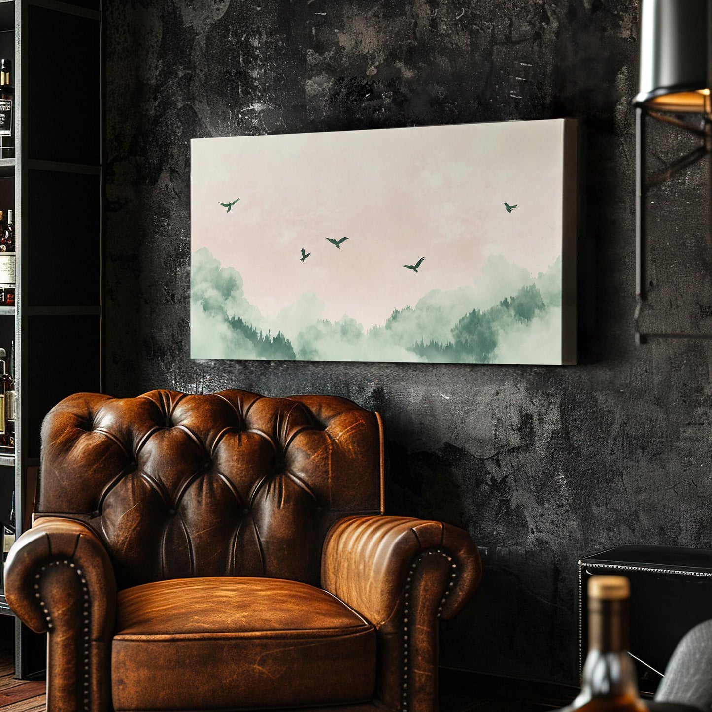 Watercolor Birds Above Forest Lanscape Moody Vibes, 2x1 Nature Calm Canvas Print, Bird Flock 20x60 Canvas Art