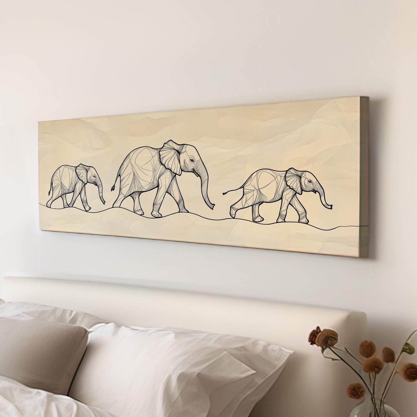 Elephant Family Drawing Panoramic African Elephant, Minimal Animal Lover Canvas Print, Boho Japandi Printed Canvas Art
