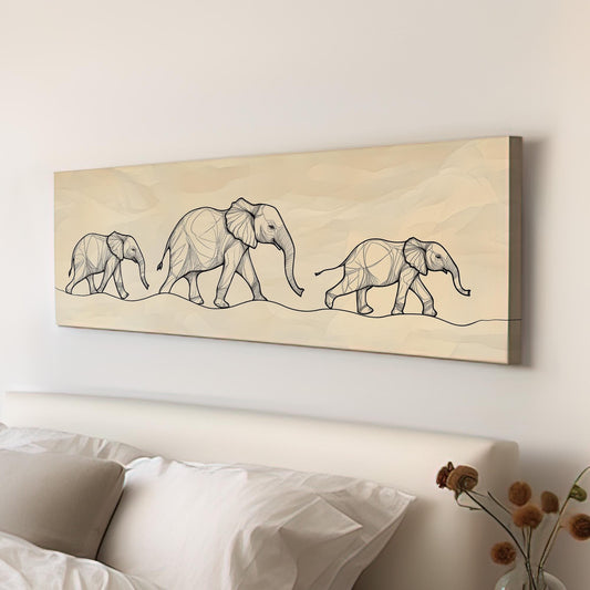 Elephant Family Drawing Panoramic African Elephant, Minimal Animal Lover Canvas Print, Boho Japandi Printed Canvas Art