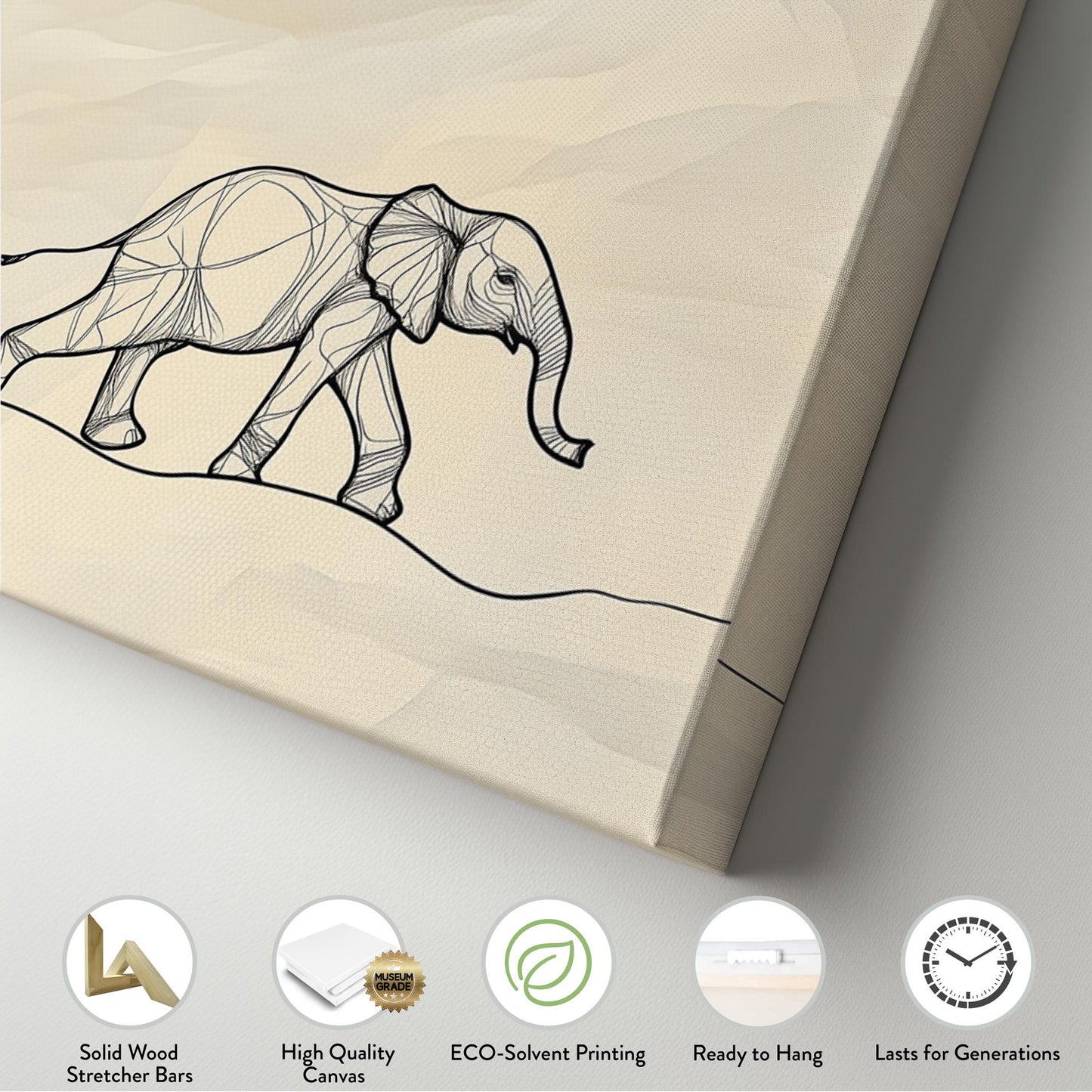 Elephant Family Drawing Panoramic African Elephant, Minimal Animal Lover Canvas Print, Boho Japandi Printed Canvas Art