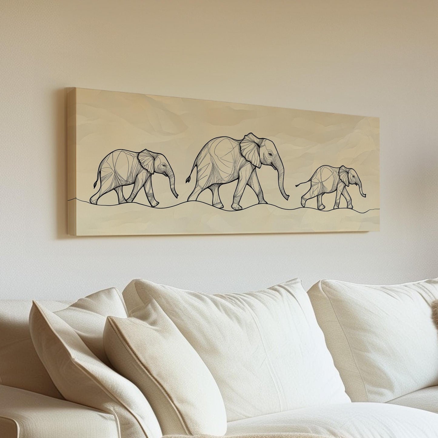 Elephant Family Drawing Panoramic African Elephant, Minimal Animal Lover Canvas Print, Boho Japandi Printed Canvas Art