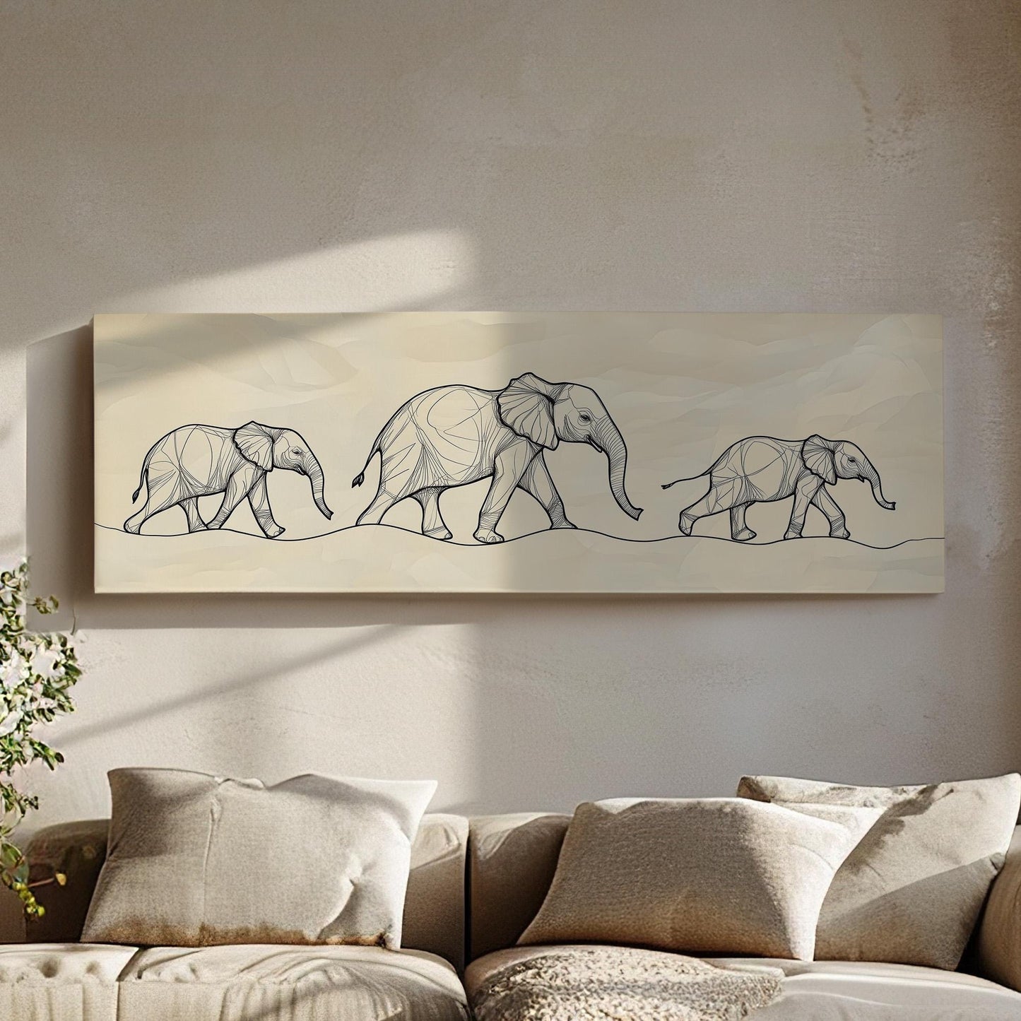Elephant Family Drawing Panoramic African Elephant, Minimal Animal Lover Canvas Print, Boho Japandi Printed Canvas Art