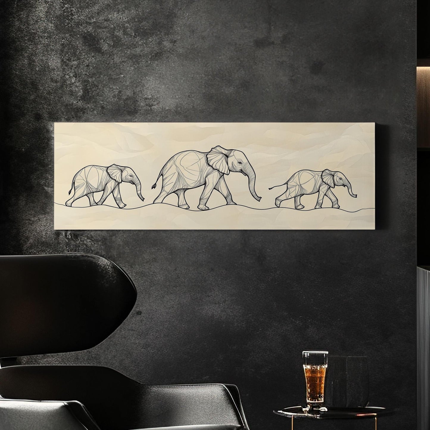 Elephant Family Drawing Panoramic African Elephant, Minimal Animal Lover Canvas Print, Boho Japandi Printed Canvas Art