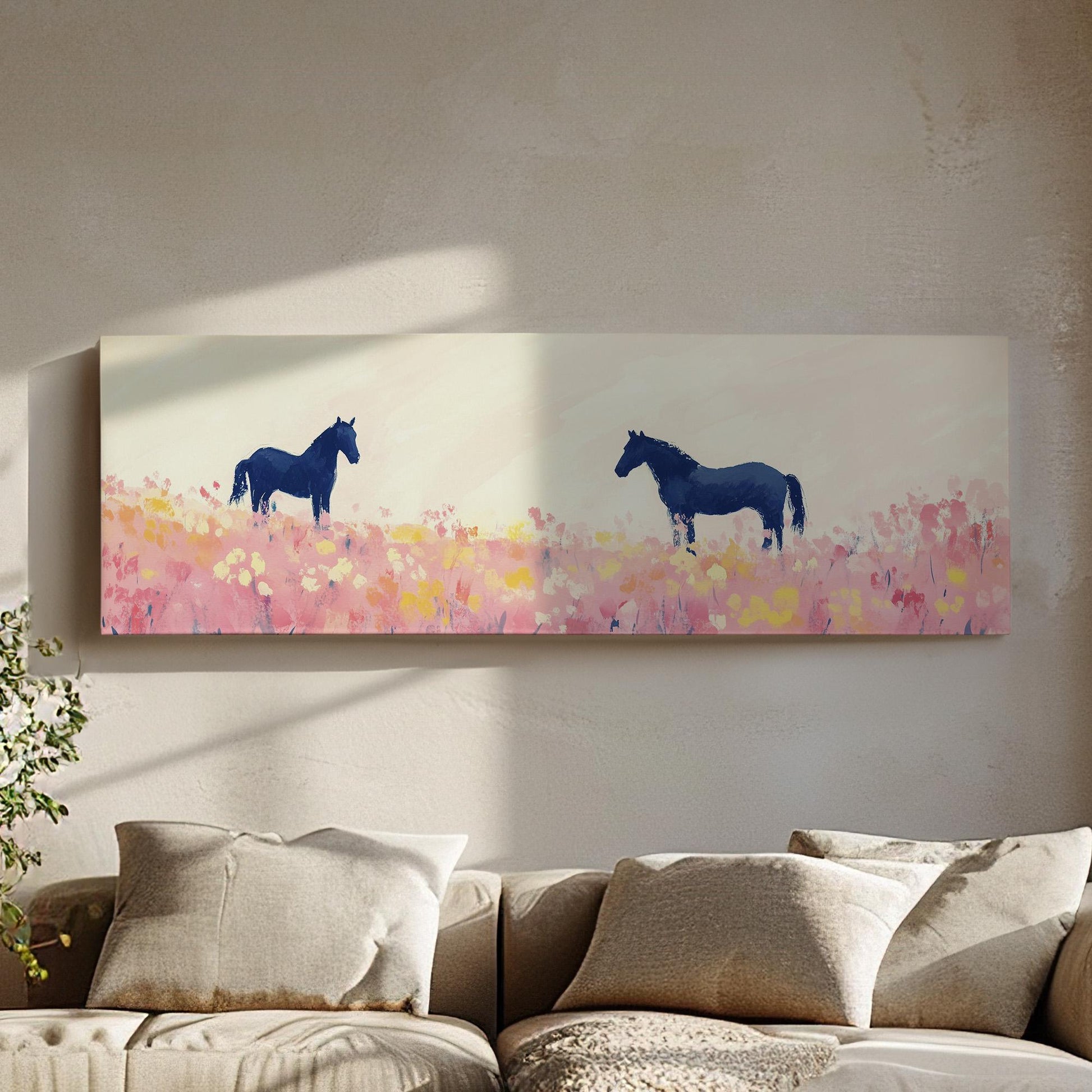 Equestrian Farmhouse Panoramic Rustic Ranch Horse, Minimal Country Riding Canvas Print, Wild Scene Printed Canvas Art