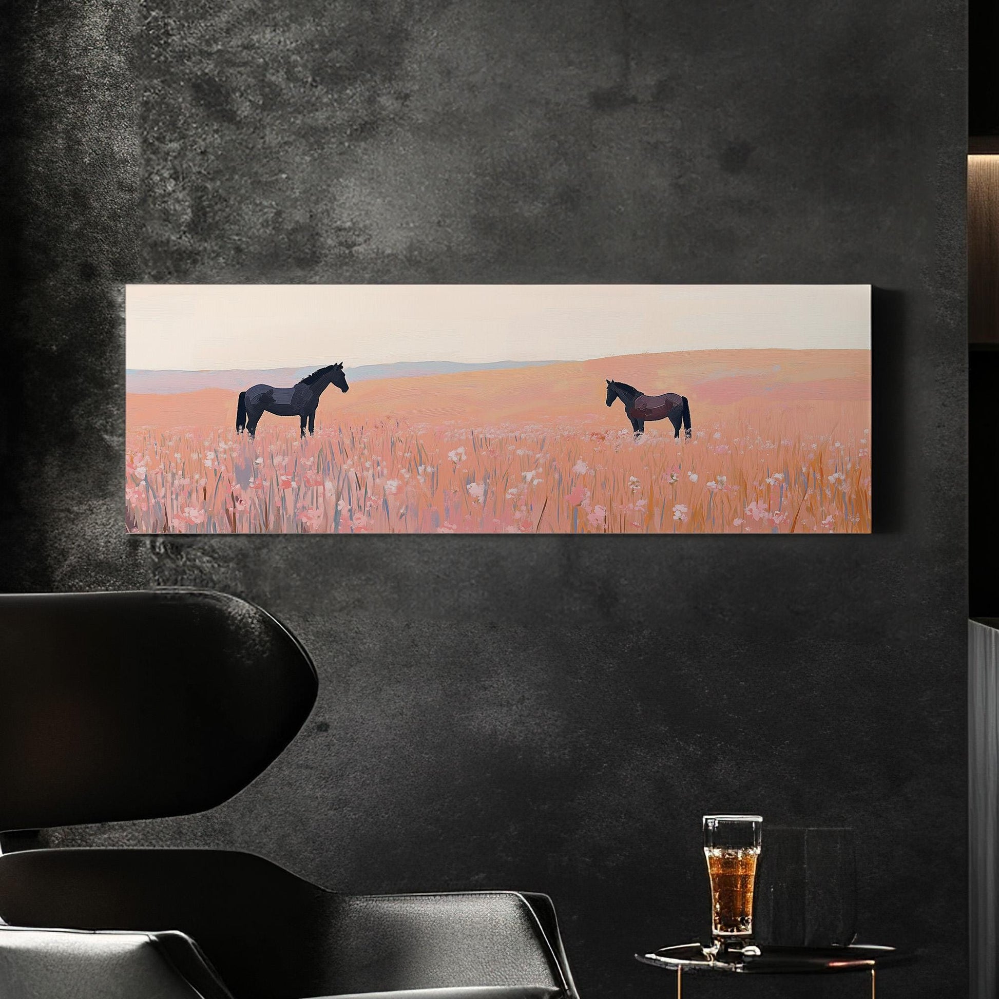 Praire Horses Panoramic Western Country, Minimal Farmhouse Equestrian Canvas Print, Wild Nature Printed Canvas Art