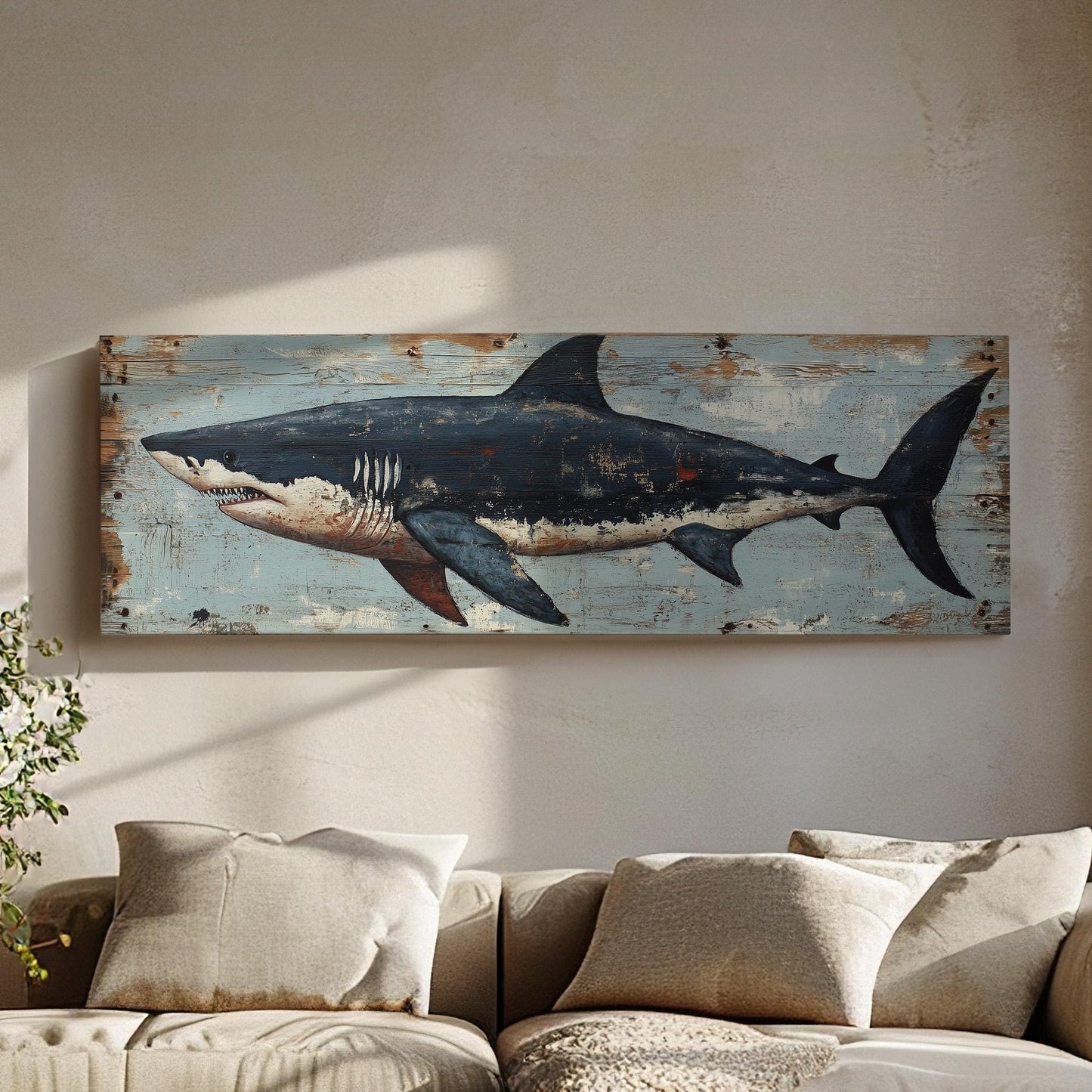 Rustic Great White Shark Panoramic Coastal Theme, Minimal Blue Ocean Vibes Canvas Print, Sea Predator Printed Canvas Art