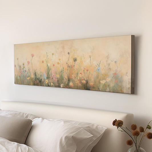 Textile Spring Meadow Panoramic Wildflower Field, Minimal Muted Landscape Canvas Print, English Countryside Printed Canvas Art