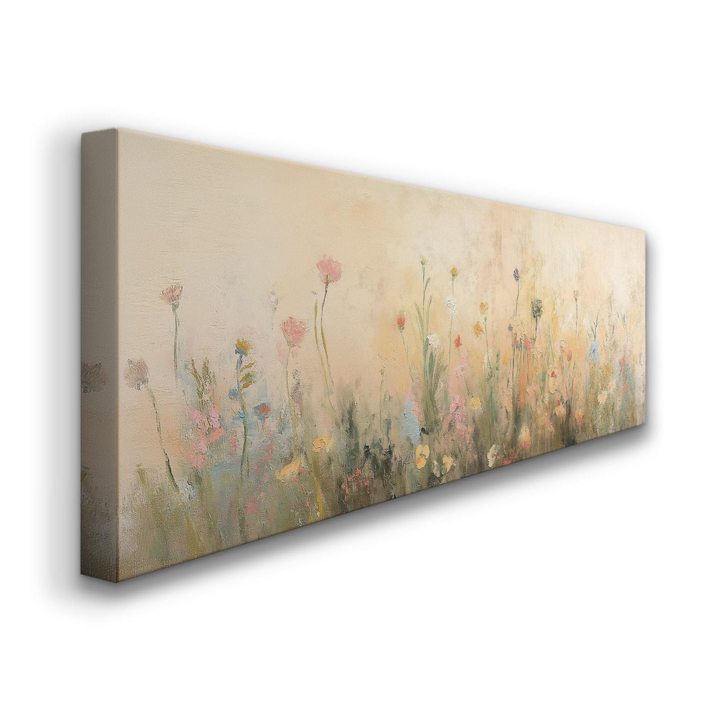 Textile Spring Meadow Panoramic Wildflower Field, Minimal Muted Landscape Canvas Print, English Countryside Printed Canvas Art