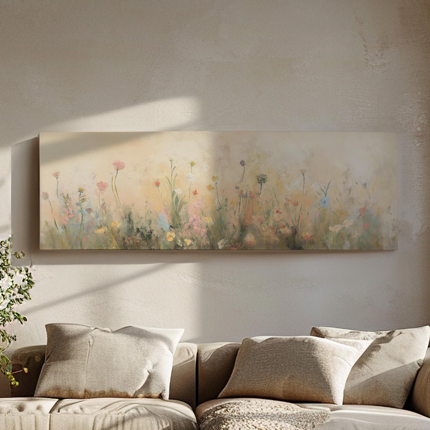 Textile Spring Meadow Panoramic Wildflower Field, Minimal Muted Landscape Canvas Print, English Countryside Printed Canvas Art