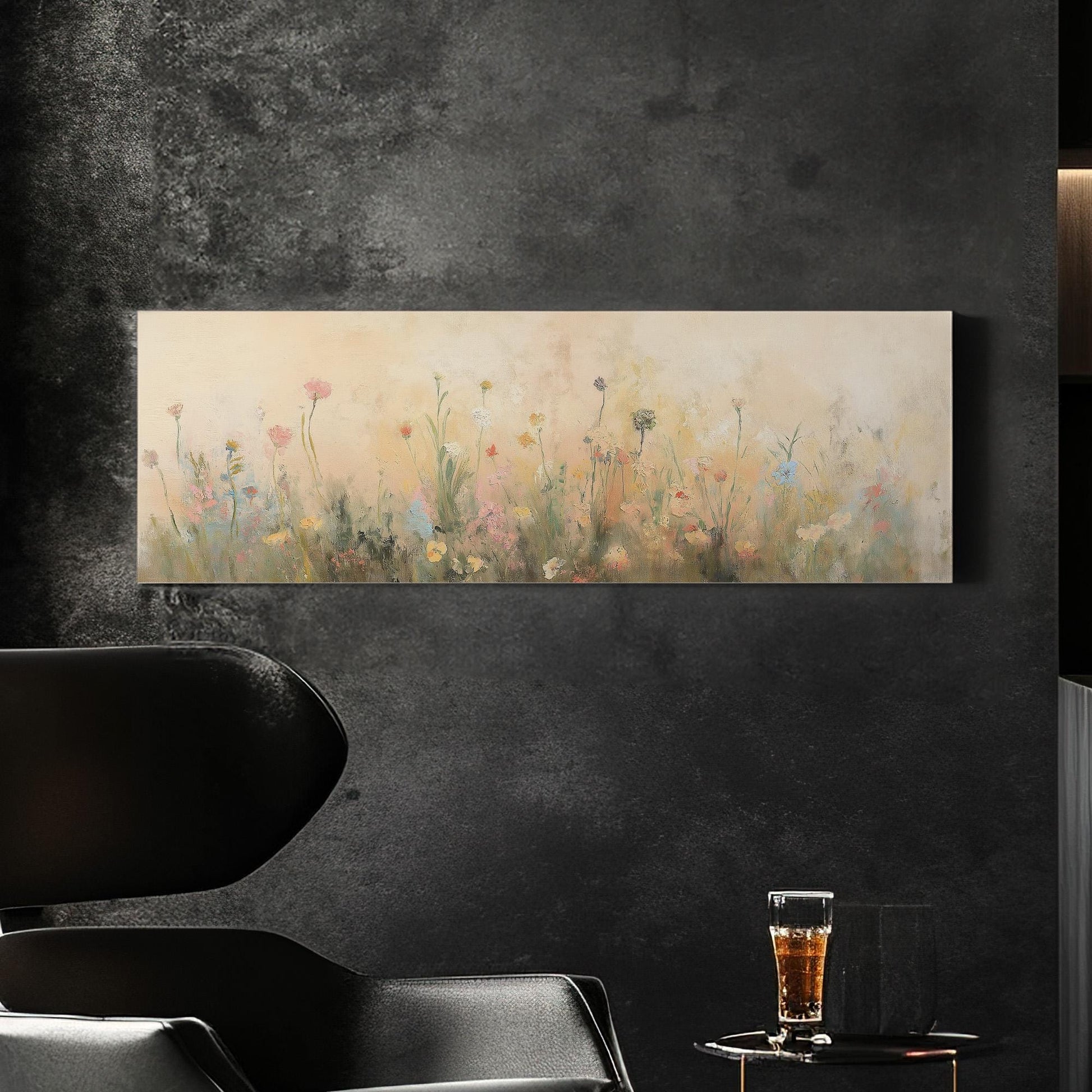 Textile Spring Meadow Panoramic Wildflower Field, Minimal Muted Landscape Canvas Print, English Countryside Printed Canvas Art