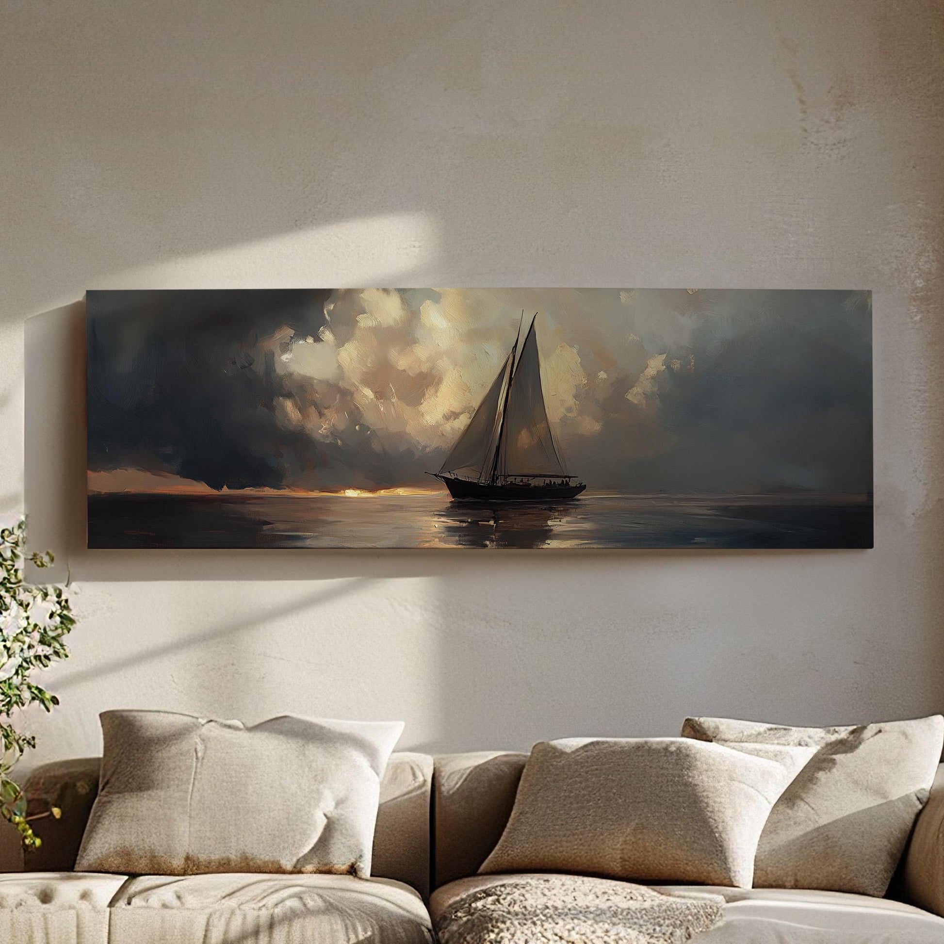 Vintage Sailboat Panoramic Muted Beach, Minimal Nautical Art Canvas Print, Coastal Sunset Printed Canvas Art