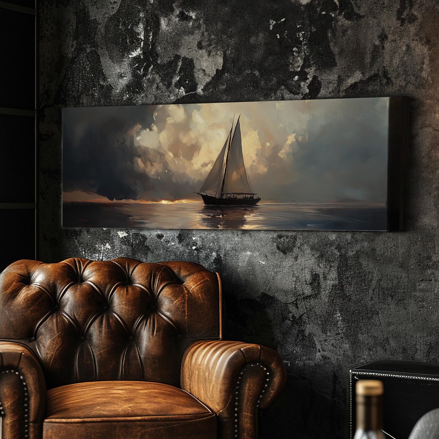 Vintage Sailboat Panoramic Muted Beach, Minimal Nautical Art Canvas Print, Coastal Sunset Printed Canvas Art