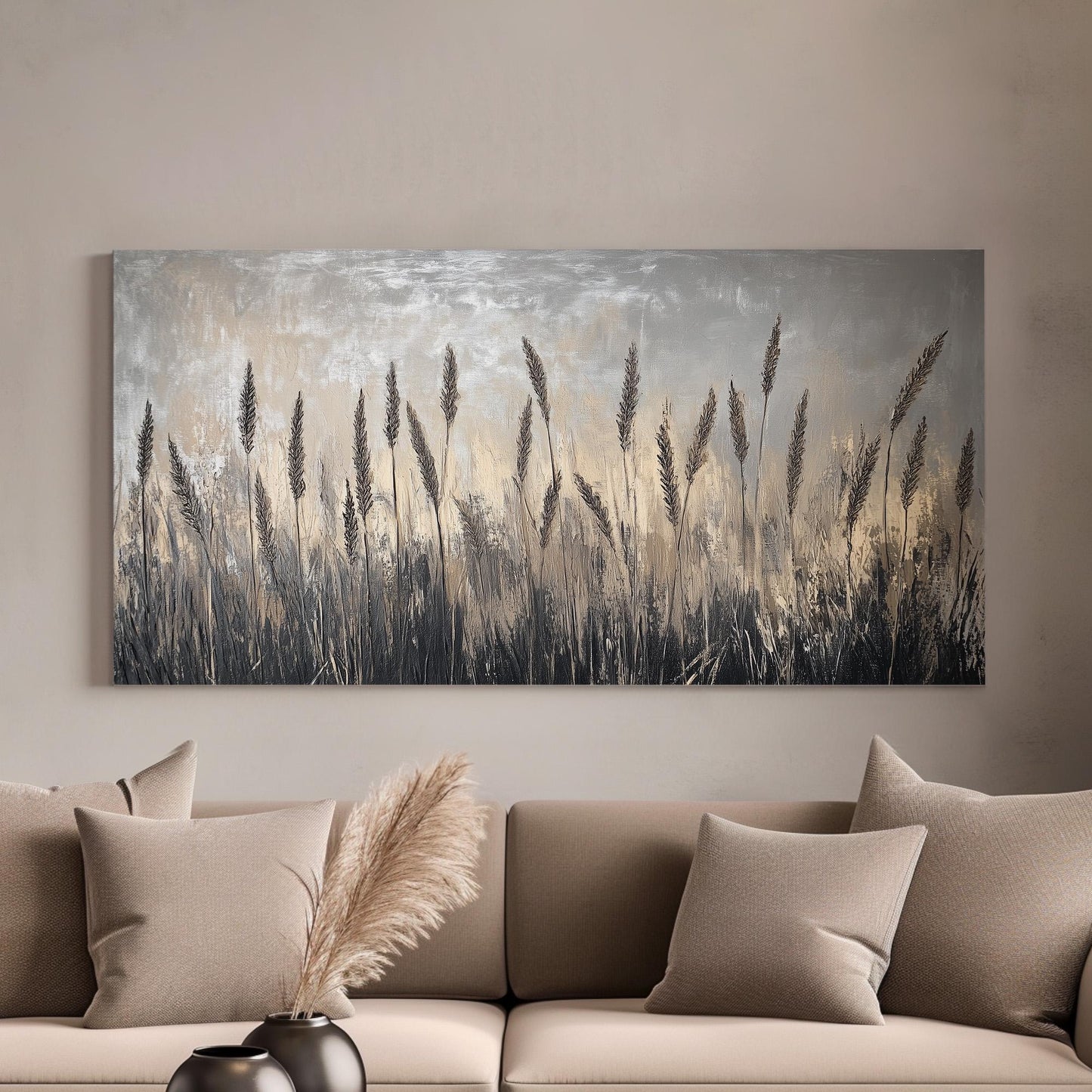 Reed Grass Lanscape Muted Beach, 2x1 Nautical Art Canvas Print, Coastal Sunset 20x60 Canvas Art