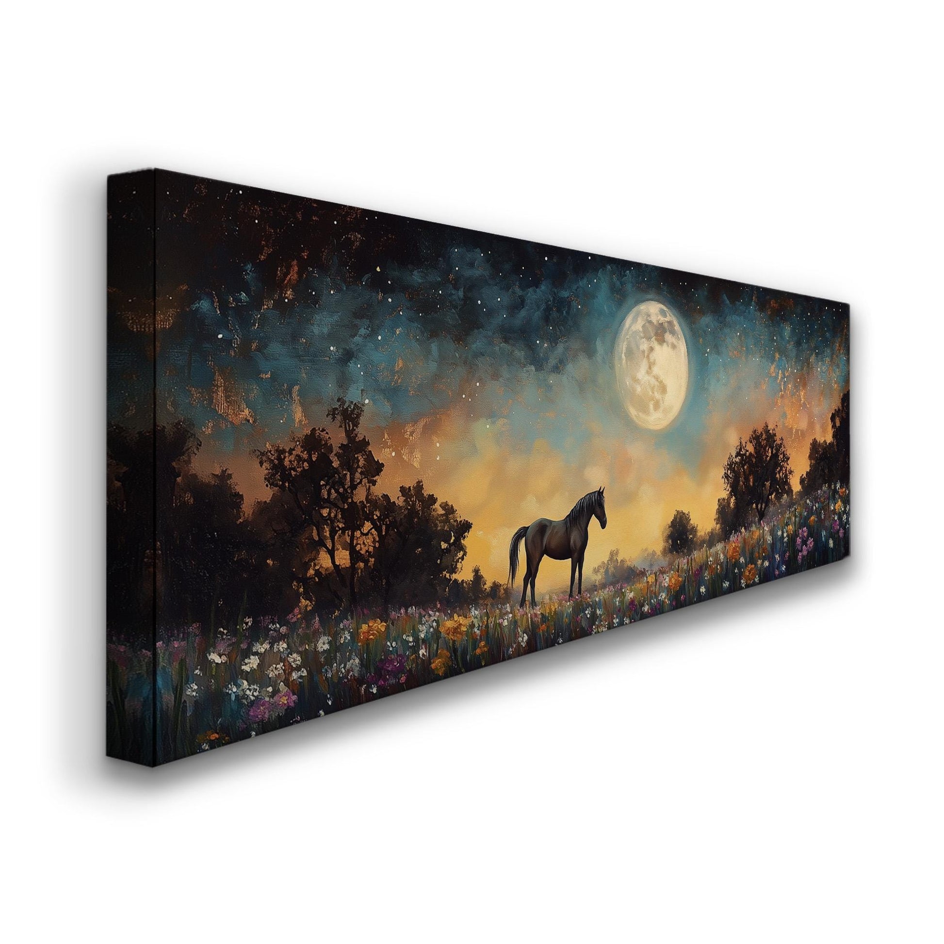 Horse Full Moon Panoramic Western Rustic, Minimal Farmhouse Ranch Canvas Print, Starry Night Printed Canvas Art