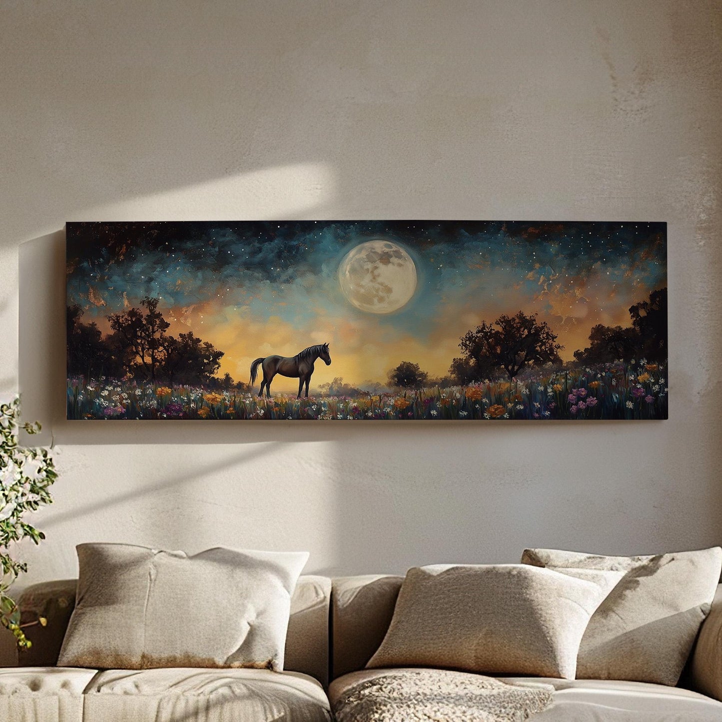 Horse Full Moon Panoramic Western Rustic, Minimal Farmhouse Ranch Canvas Print, Starry Night Printed Canvas Art