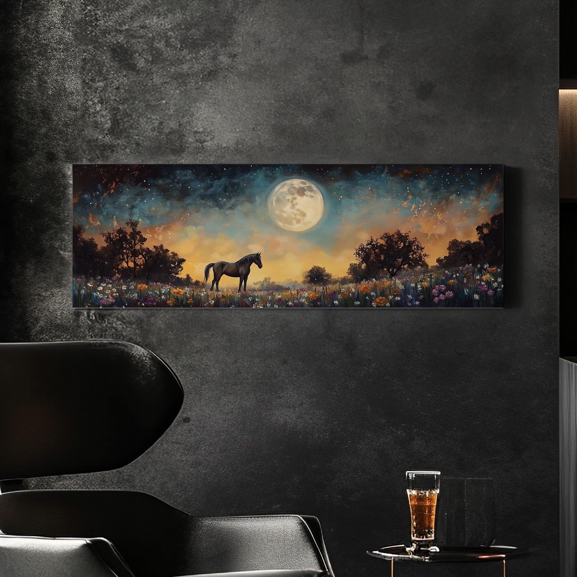 Horse Full Moon Panoramic Western Rustic, Minimal Farmhouse Ranch Canvas Print, Starry Night Printed Canvas Art