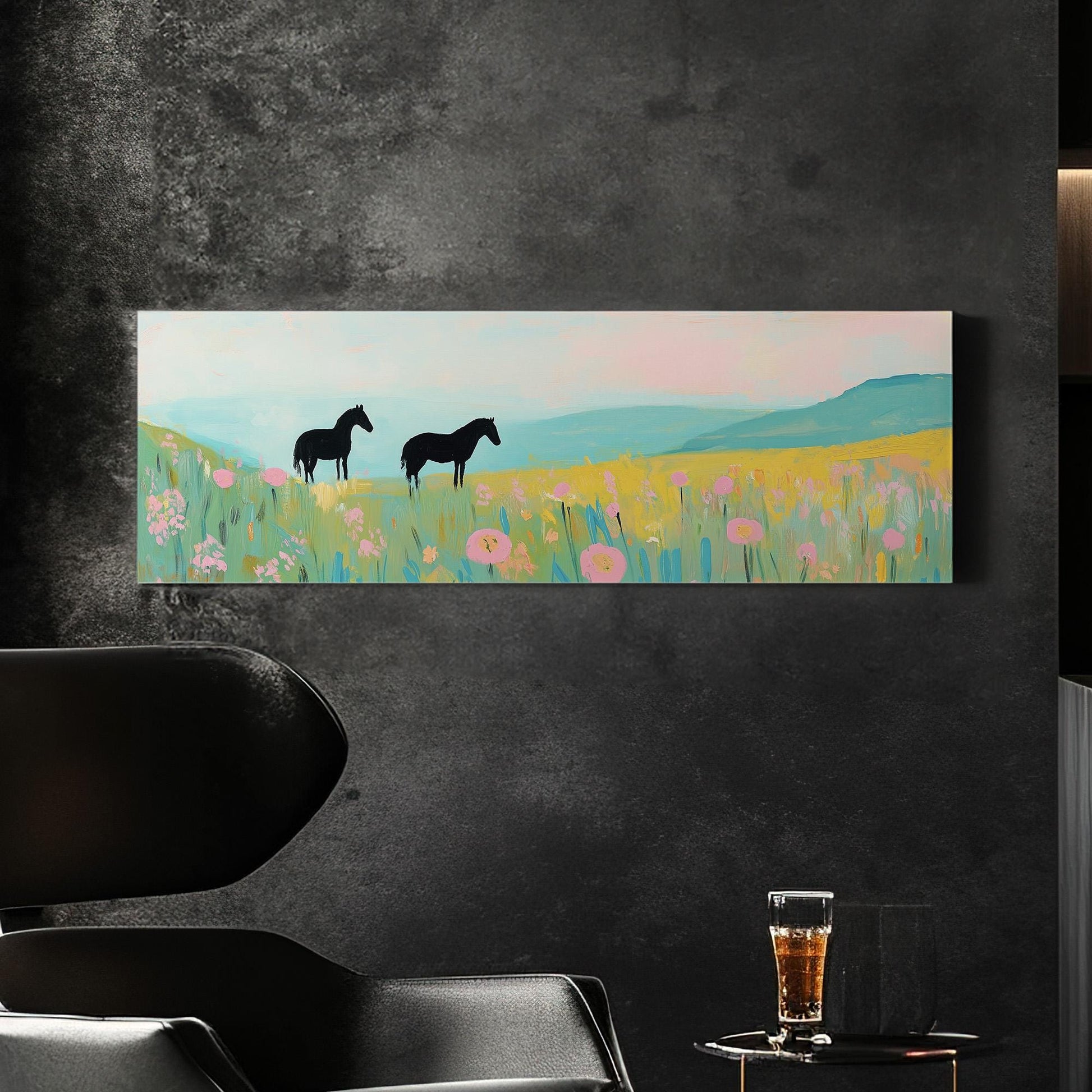 Horses On Colorful Wildflower Field Panoramic Flower Garden, Minimal Farmhouse Equestrian Canvas Print, Wild Nature Printed Canvas Art