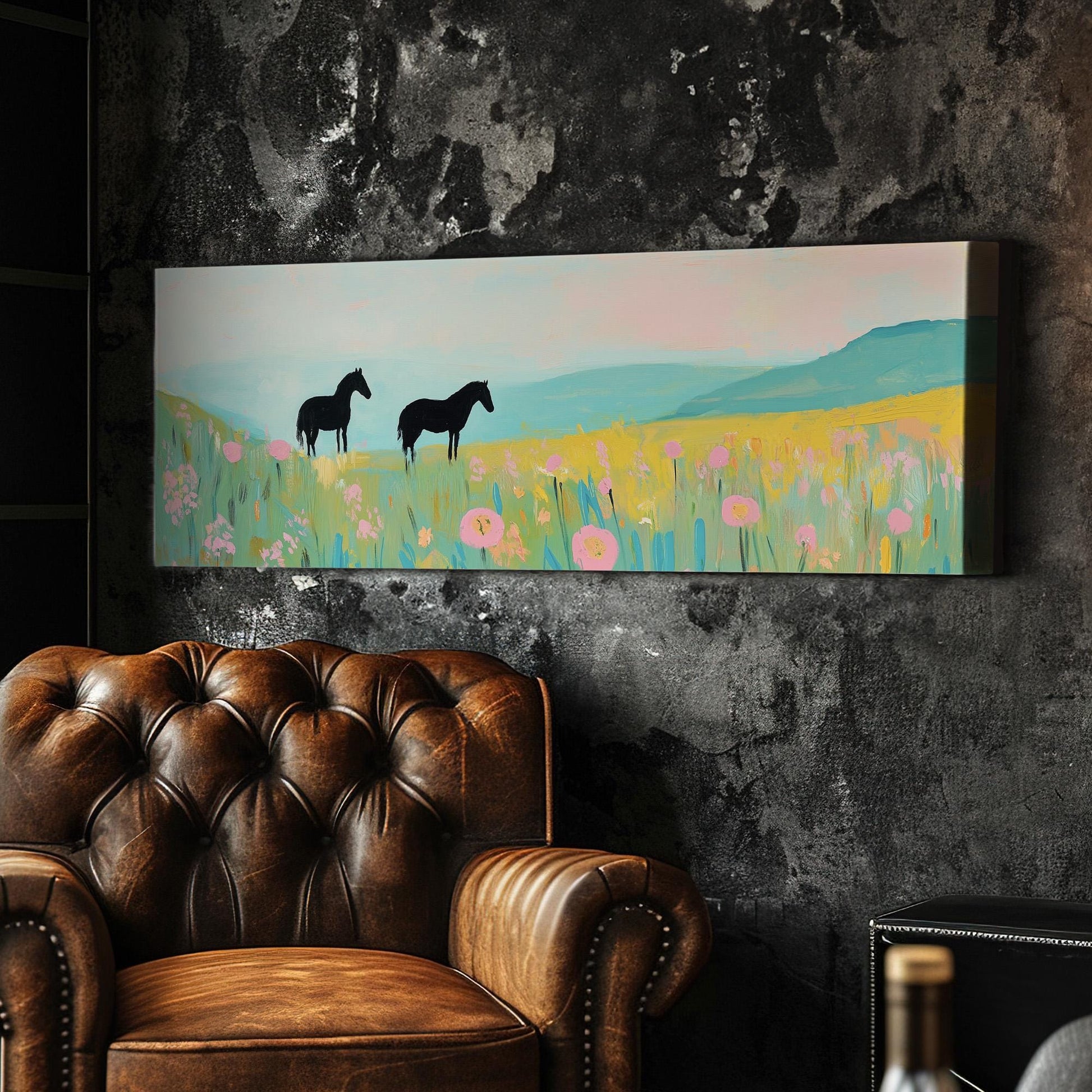 Horses On Colorful Wildflower Field Panoramic Flower Garden, Minimal Farmhouse Equestrian Canvas Print, Wild Nature Printed Canvas Art