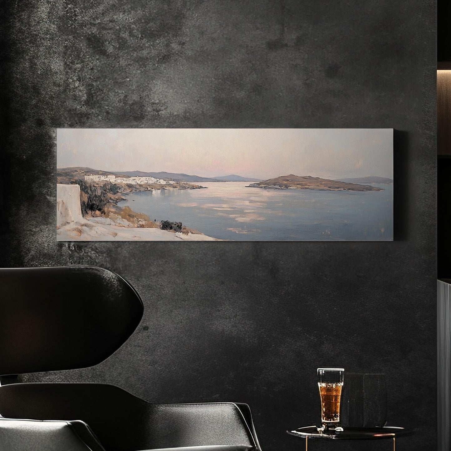 Italian Mediterranean Panoramic Muted Seascape, Minimal Nautical Art Canvas Print, Coastal Sunset Printed Canvas Art