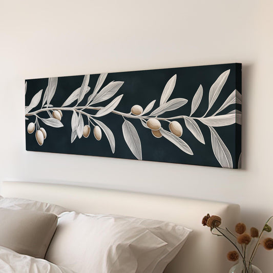 Olive Tree Branch Panoramic Monochrome Floral, Minimal Scandinavian Canvas Print, Cottagecore Printed Canvas Art