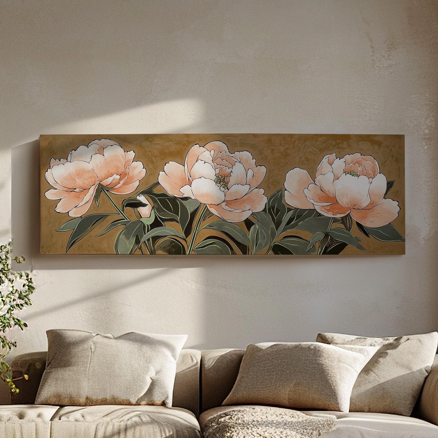 Peach Peony Bloom Panoramic Spring Garden, Minimal Floral Charm Canvas Print, Spring Farmhouse Printed Canvas Art