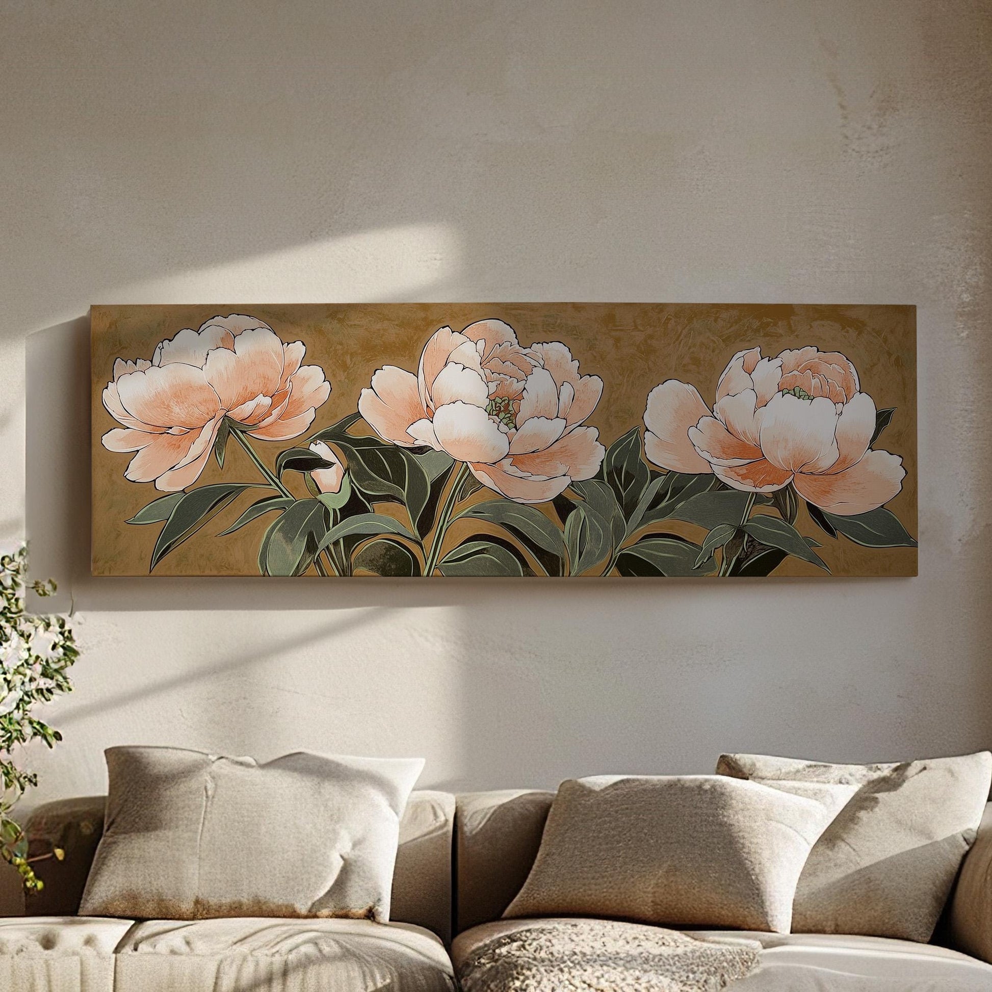 Peach Peony Bloom Panoramic Spring Garden, Minimal Floral Charm Canvas Print, Spring Farmhouse Printed Canvas Art