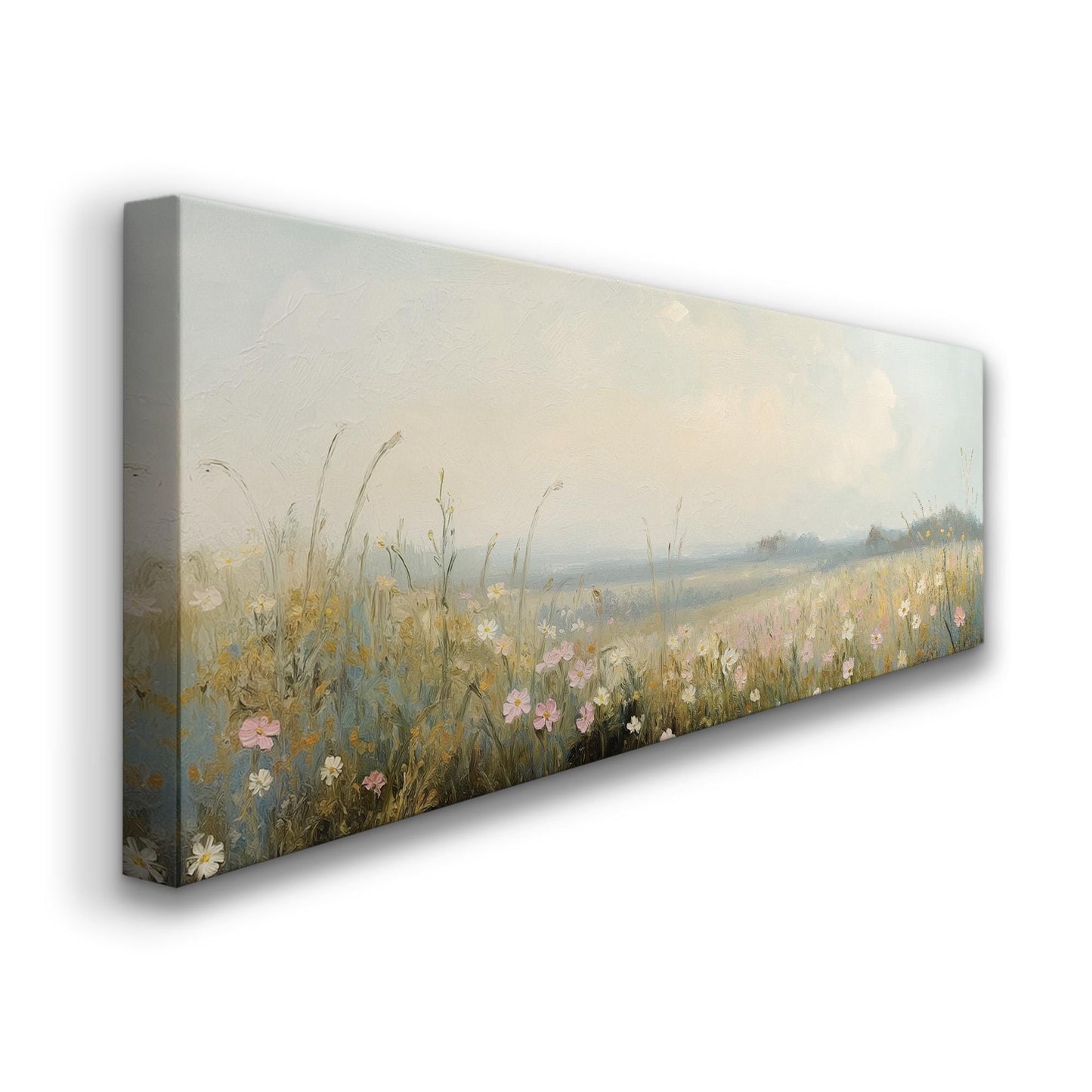 Pink Flowers on Spring Meadow Panoramic Wildflower Field, Minimal Muted Landscape Canvas Print, English Countryside Printed Canvas Art