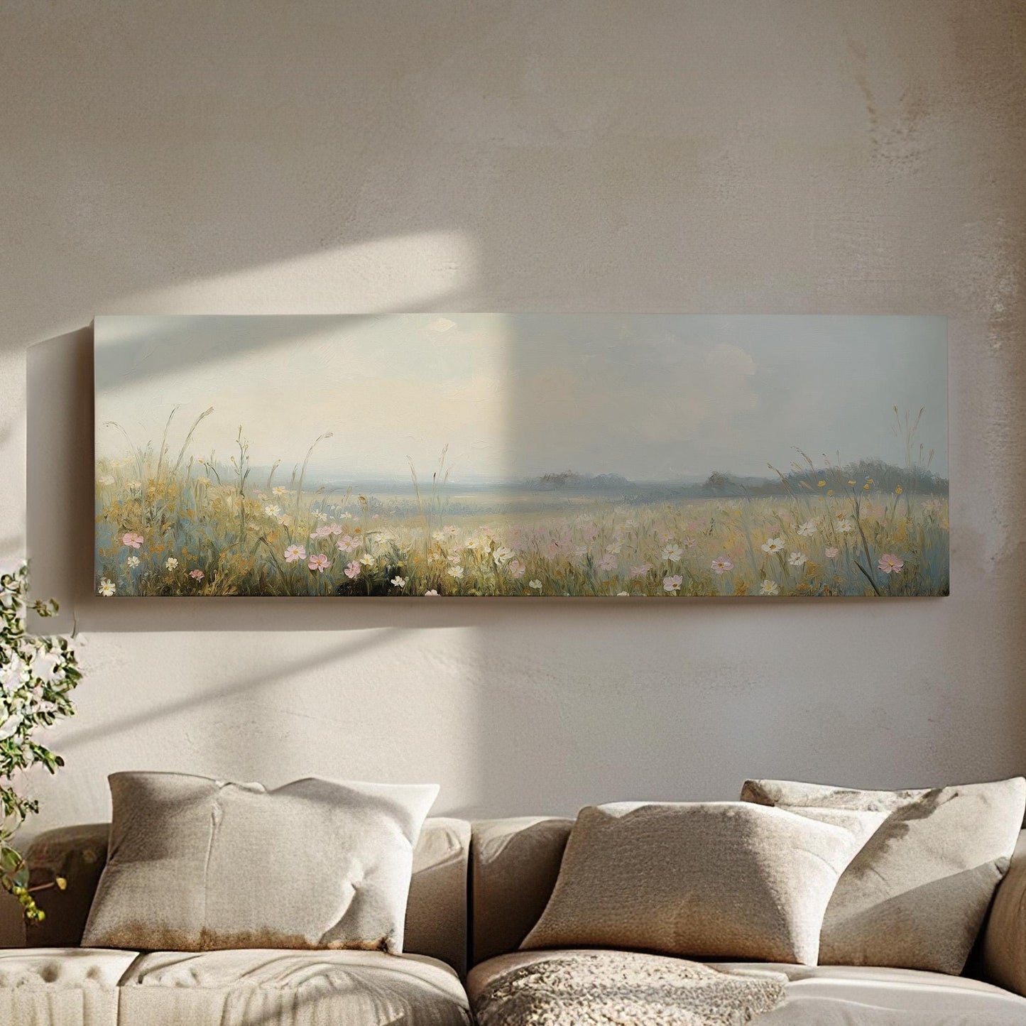 Pink Flowers on Spring Meadow Panoramic Wildflower Field, Minimal Muted Landscape Canvas Print, English Countryside Printed Canvas Art