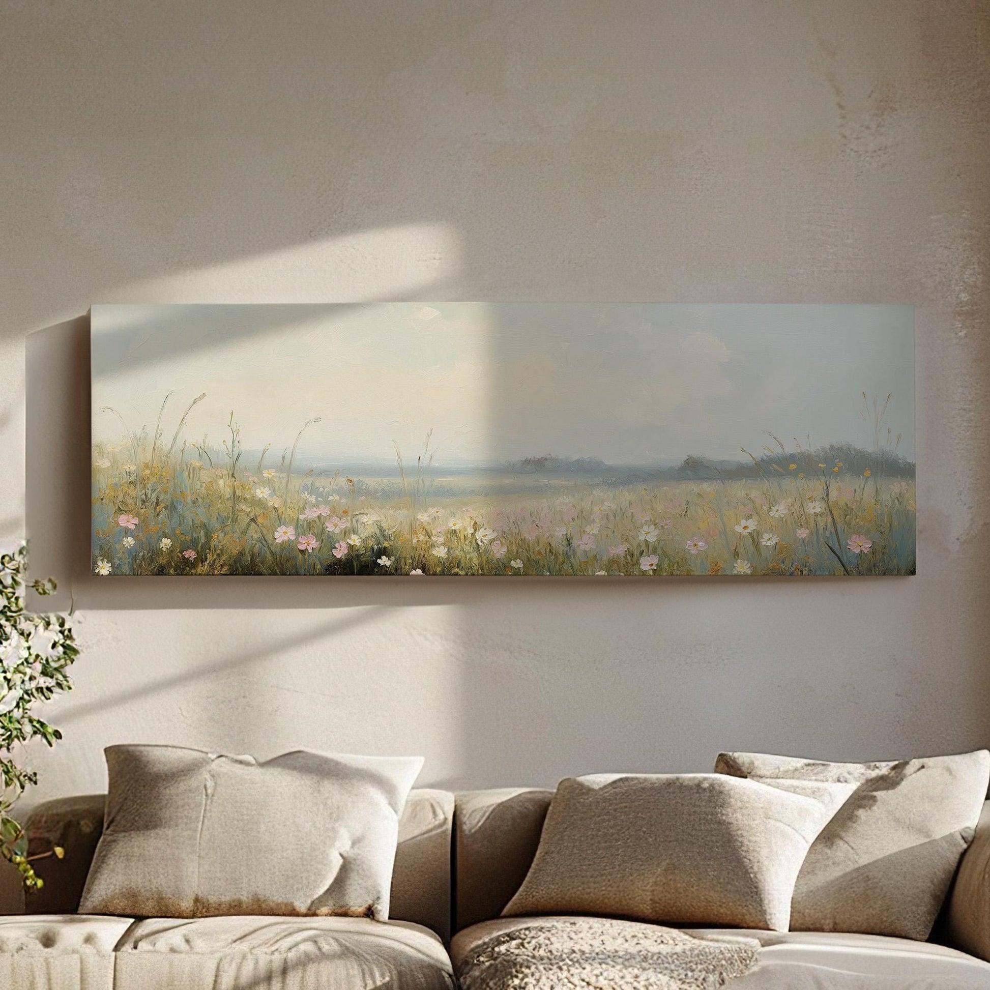 Pink Flowers on Spring Meadow Panoramic Wildflower Field, Minimal Muted Landscape Canvas Print, English Countryside Printed Canvas Art