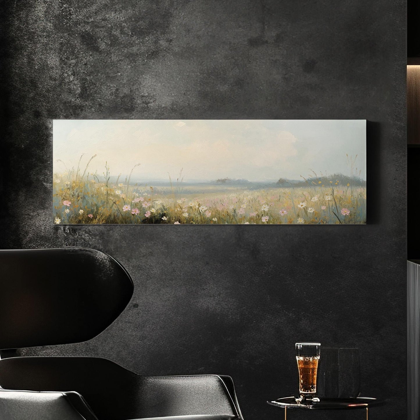 Pink Flowers on Spring Meadow Panoramic Wildflower Field, Minimal Muted Landscape Canvas Print, English Countryside Printed Canvas Art